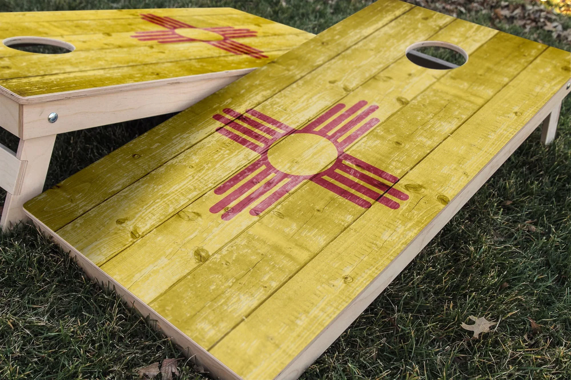 rustic wood New Mexico state flag cornhole board vinyl wrap decal skin set