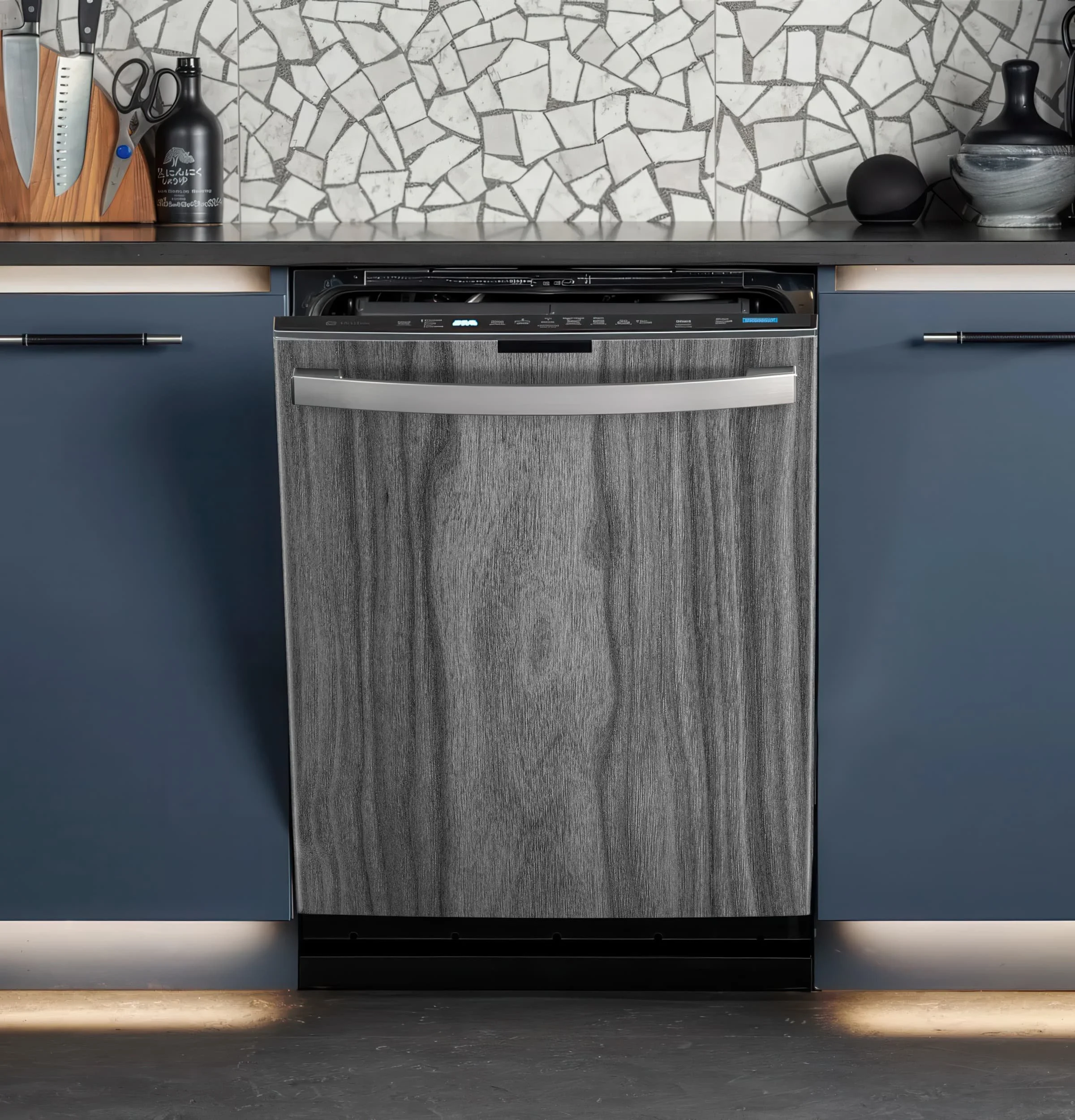 mockup of our black & white walnut slab texture on a custom-printed vinyl dishwasher wrap skin in a contemporary kitchen.