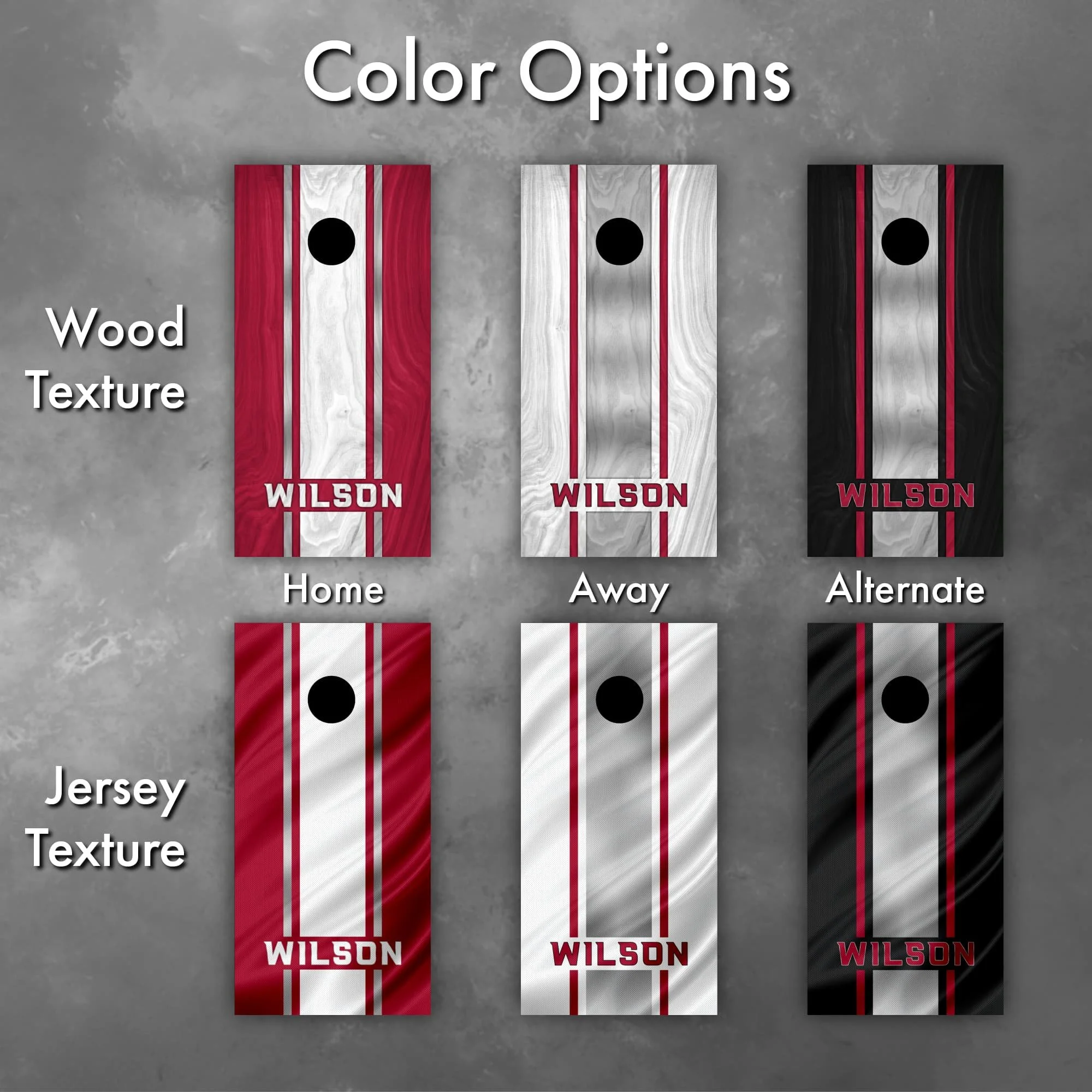 6 color and graphic texture options for our Arizona Cardinals-themed custom personalized cornhole board vinyl wrap decals (Copy)