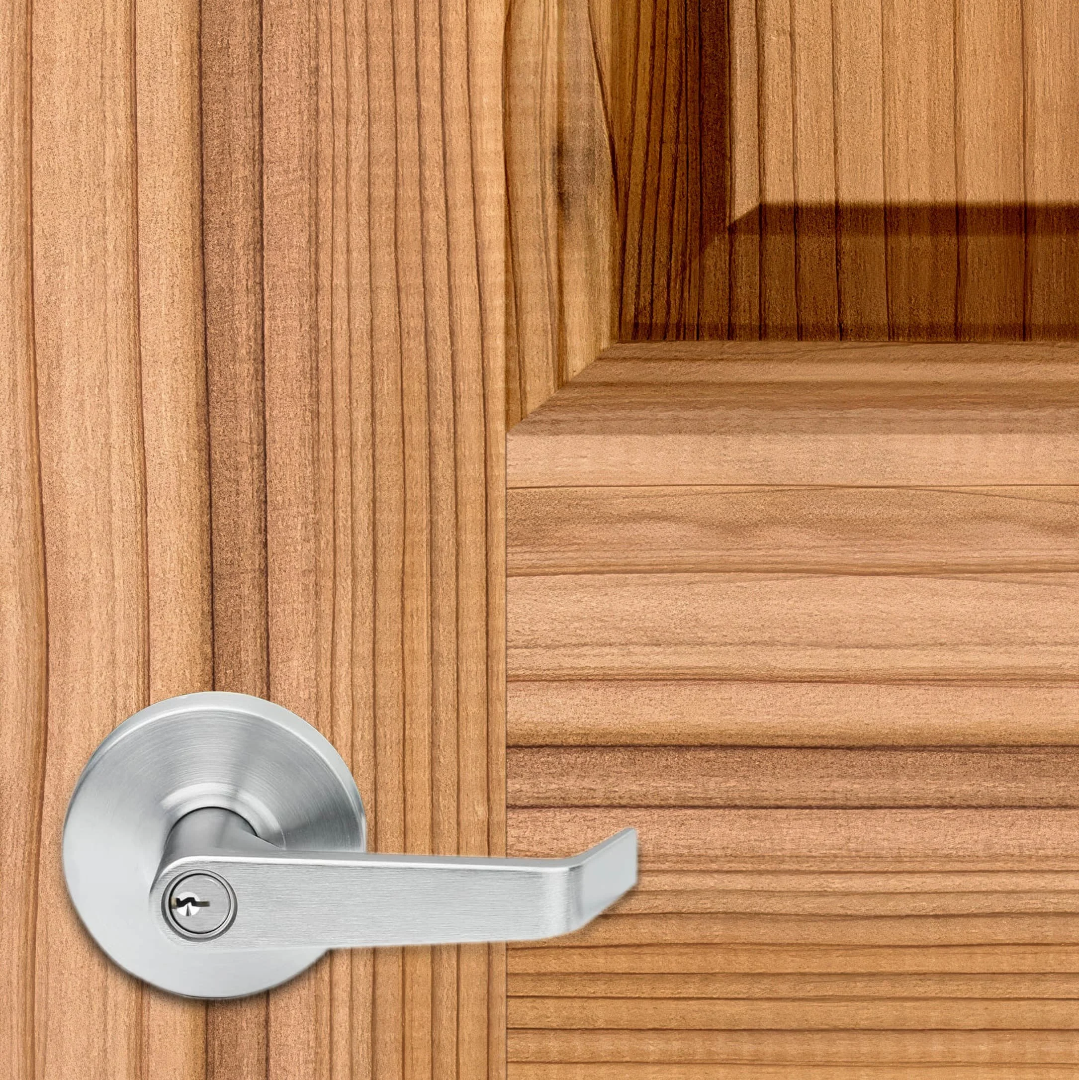 Close up of a high resolution knotty alder texture vinyl door wrap. A typical 5.375" office door handle is shown to give a sense of scale and to show the detailing in the wood texture.