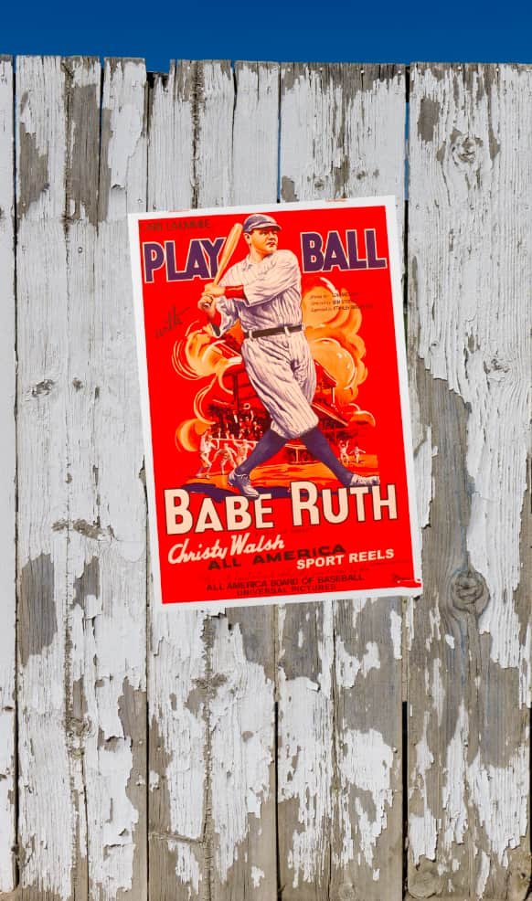 vintage baseball poster, worn fence, babe ruth