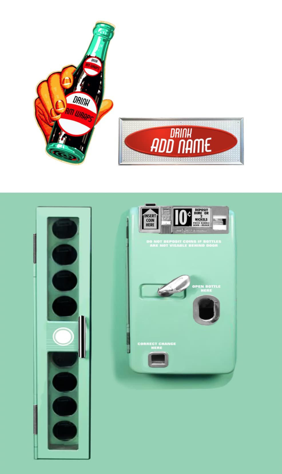 mint green, retro vending machine, front graphic, mini fridge wrap, mini fridge skin, custom mini fridge, digital printing, print on demand, custom design prints