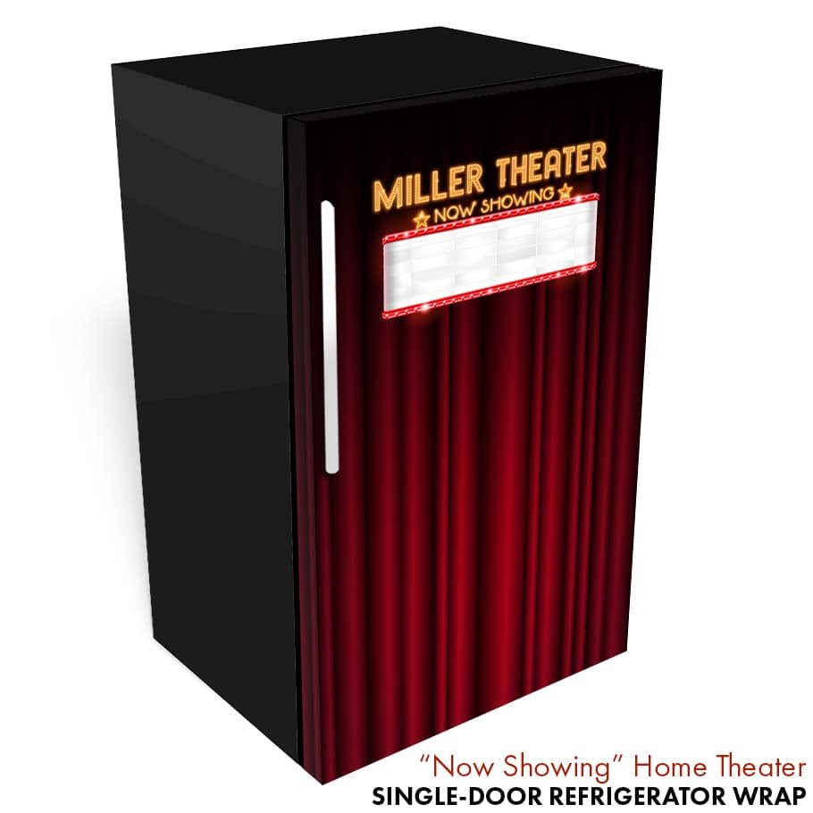 now showing, movie theater, home theater, refrigerator wrap, customizable, dry erase