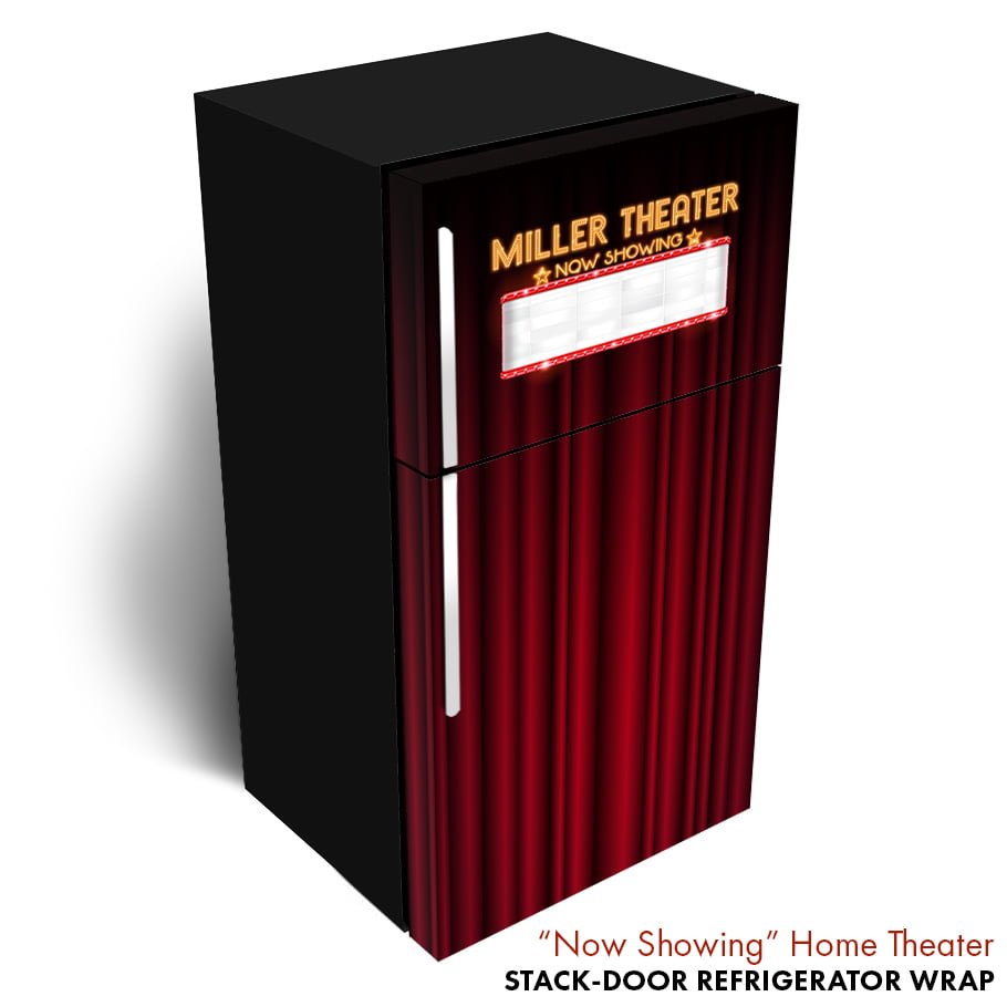 now showing, movie theater, home theater, refrigerator wrap, customizable, dry erase
