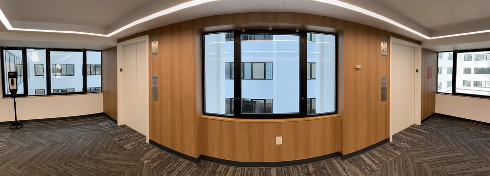 National Press Building elevator lobby, after, panoramic, 3M Di-Noc, FW-1257