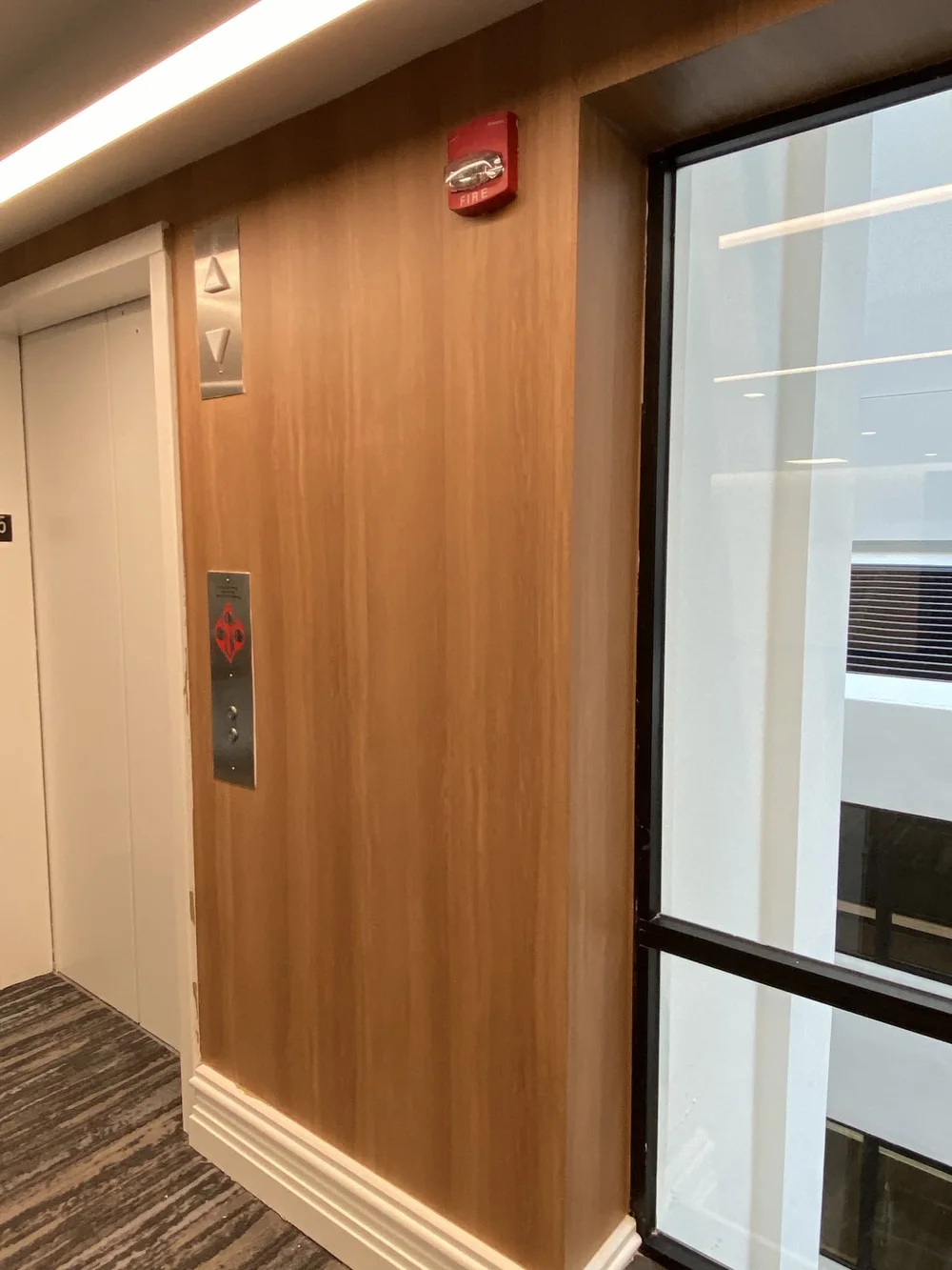 National Press Building elevator lobby, after, call buttons, 3M Di-Noc, FW-1257