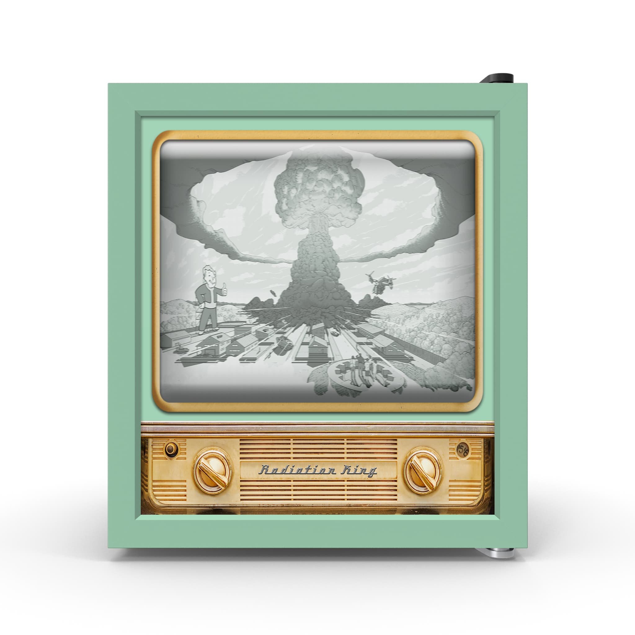 Mushroom Cloud on a small square mini fridge