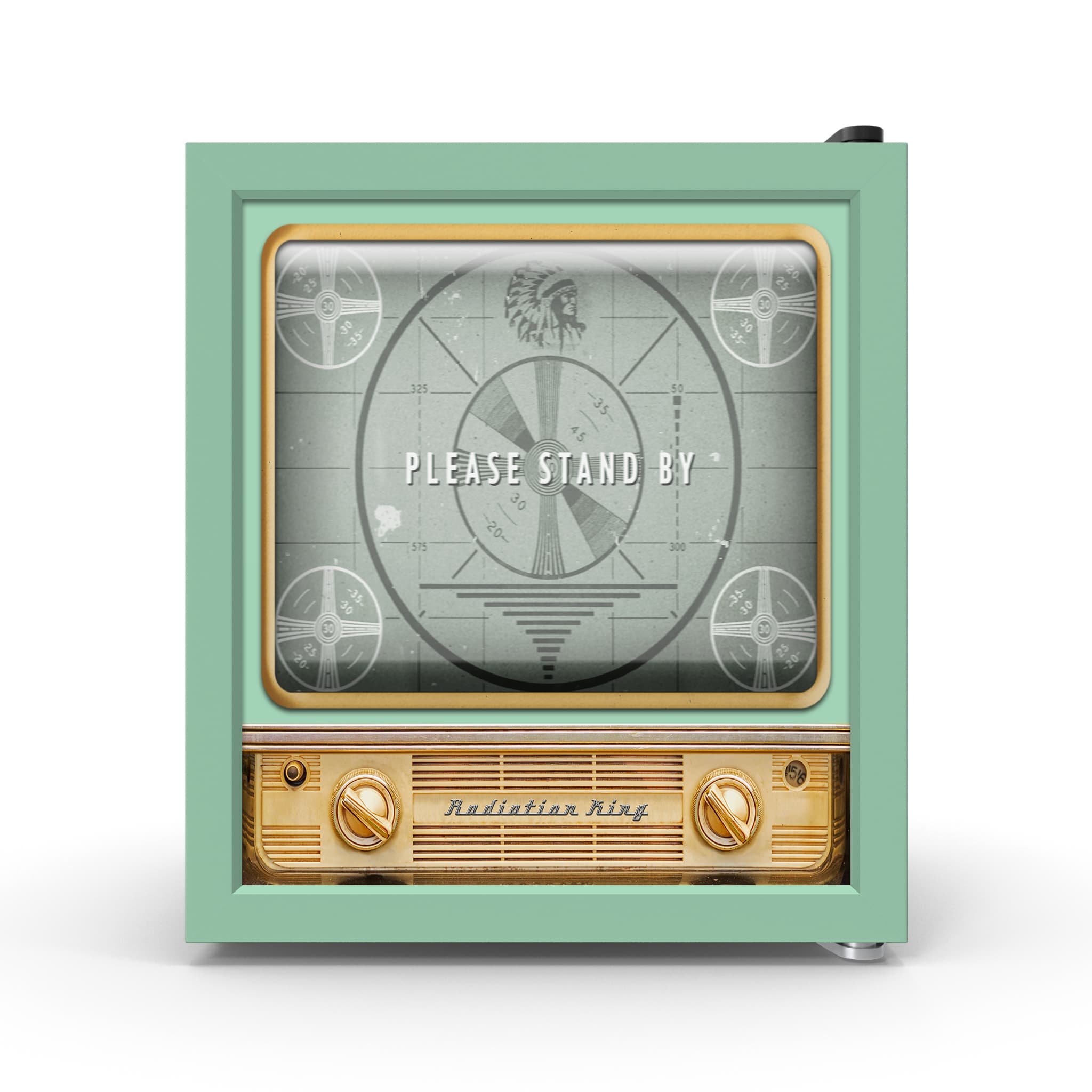 "Please Stand By" on a small square mini fridge