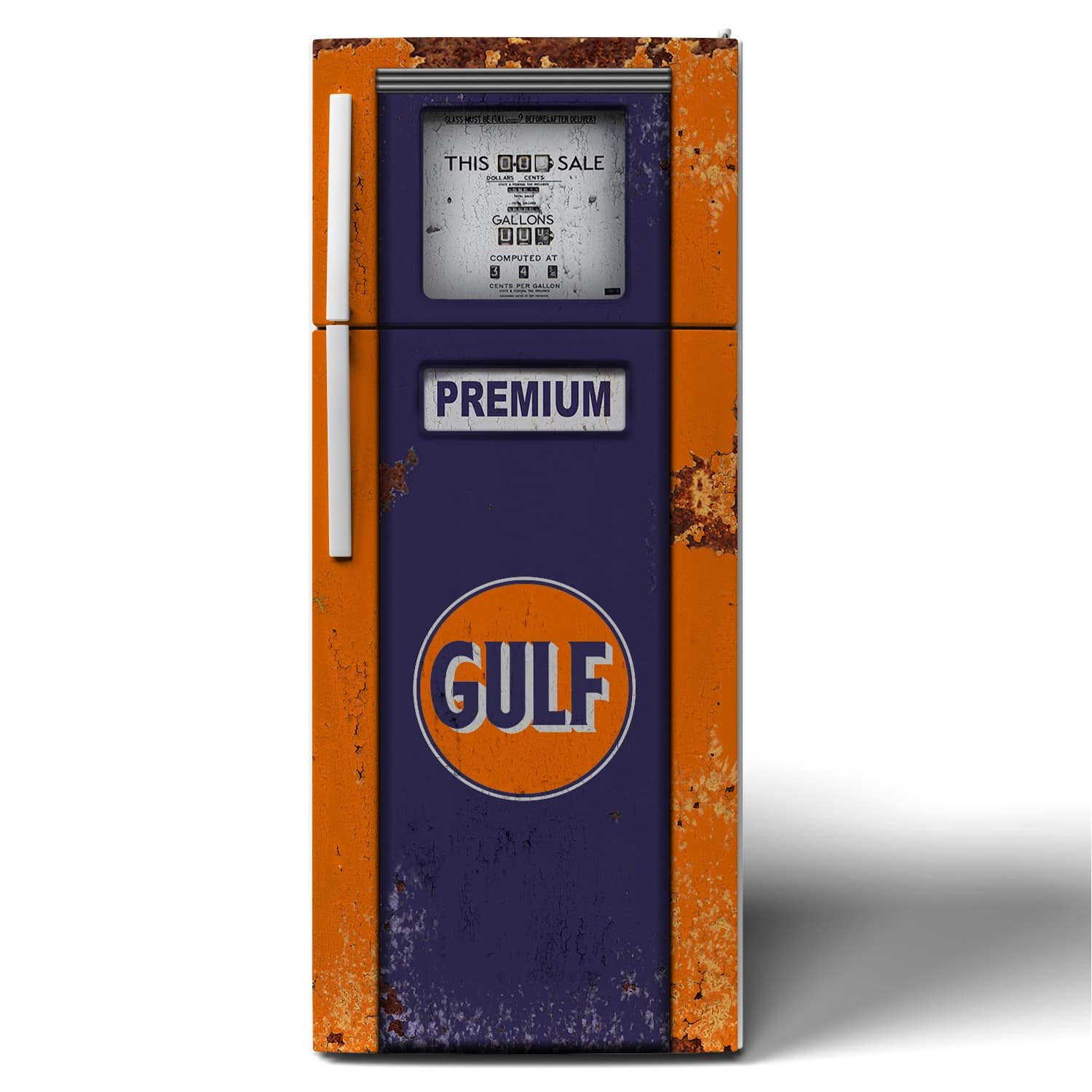 retro, vintage, gulf oil, gas pump, vinyl skin, refrigerator wrap, blue and orange