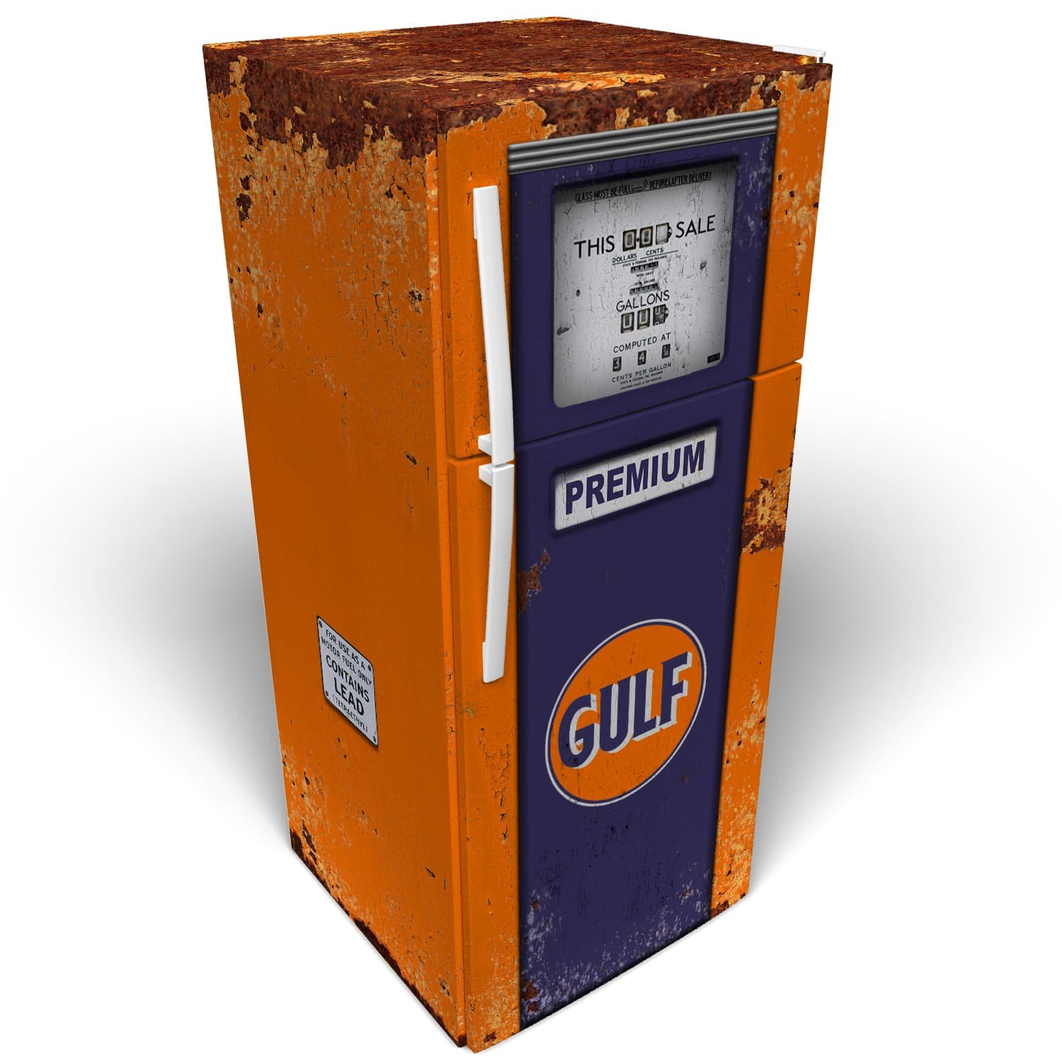 retro, vintage, gulf oil, gas pump, vinyl skin, refrigerator wrap, blue and orange