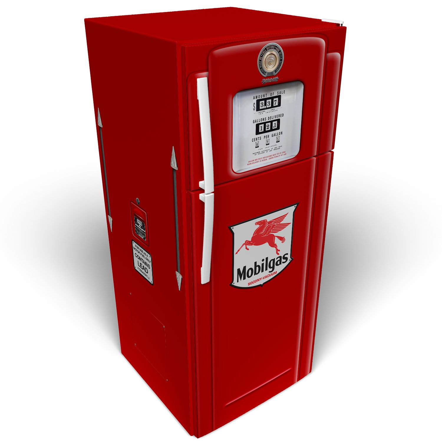 3D Mockup of a shiny new and clean Bennett 700 series Mobilgas gas pump refrigerator vinyl wrap on a stack-door refrigerator