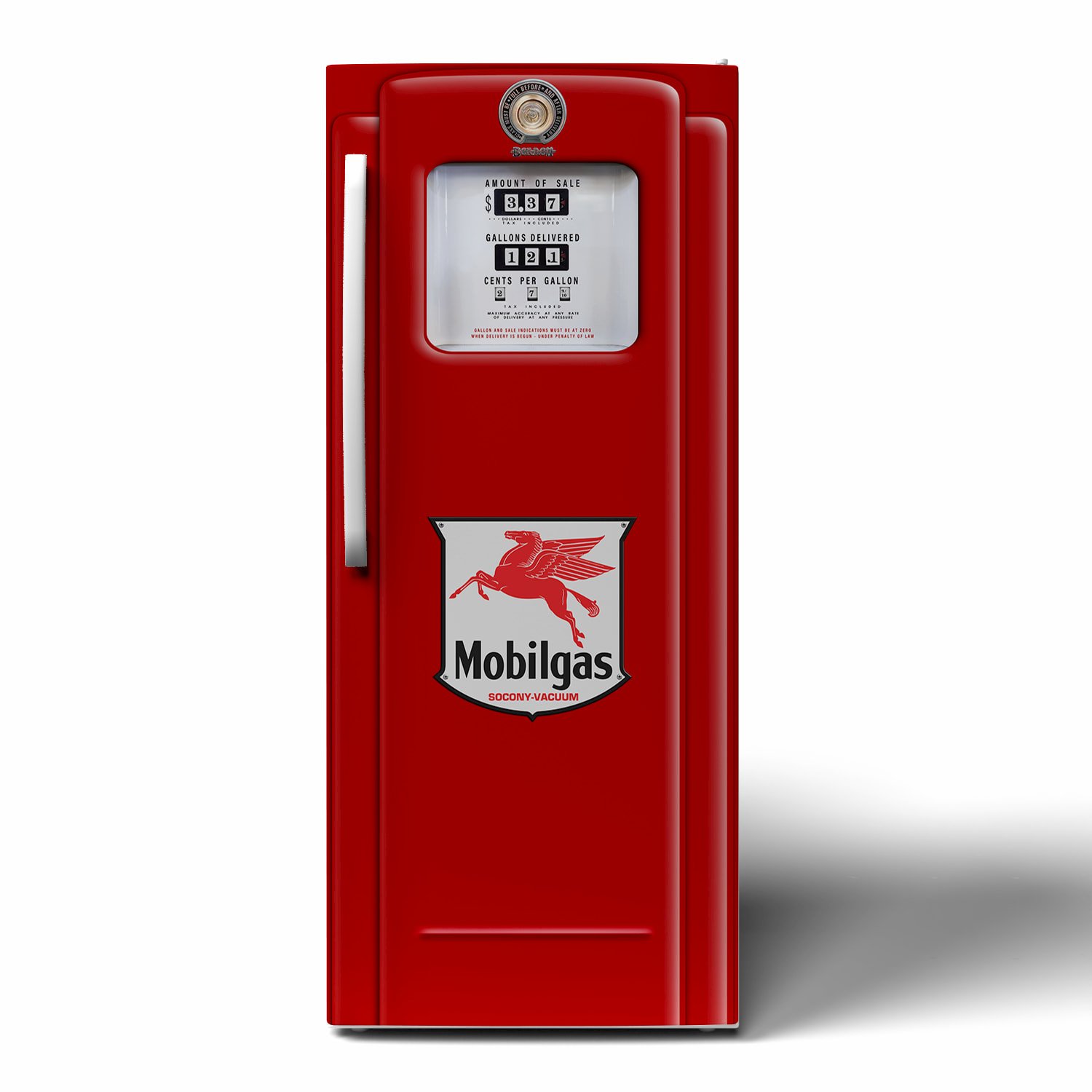 3D Mockup of a shiny new and clean Bennett 700 series Mobilgas gas pump refrigerator vinyl wrap on a single door upright freezer