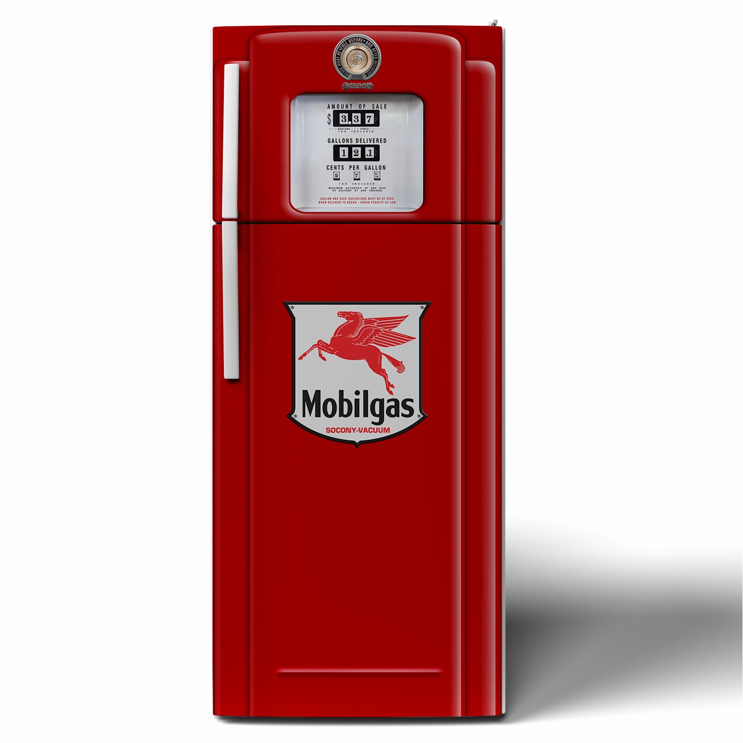 3D Mockup of a shiny new and clean Bennett 700 series Mobilgas gas pump refrigerator vinyl wrap on a stack-door refrigerator