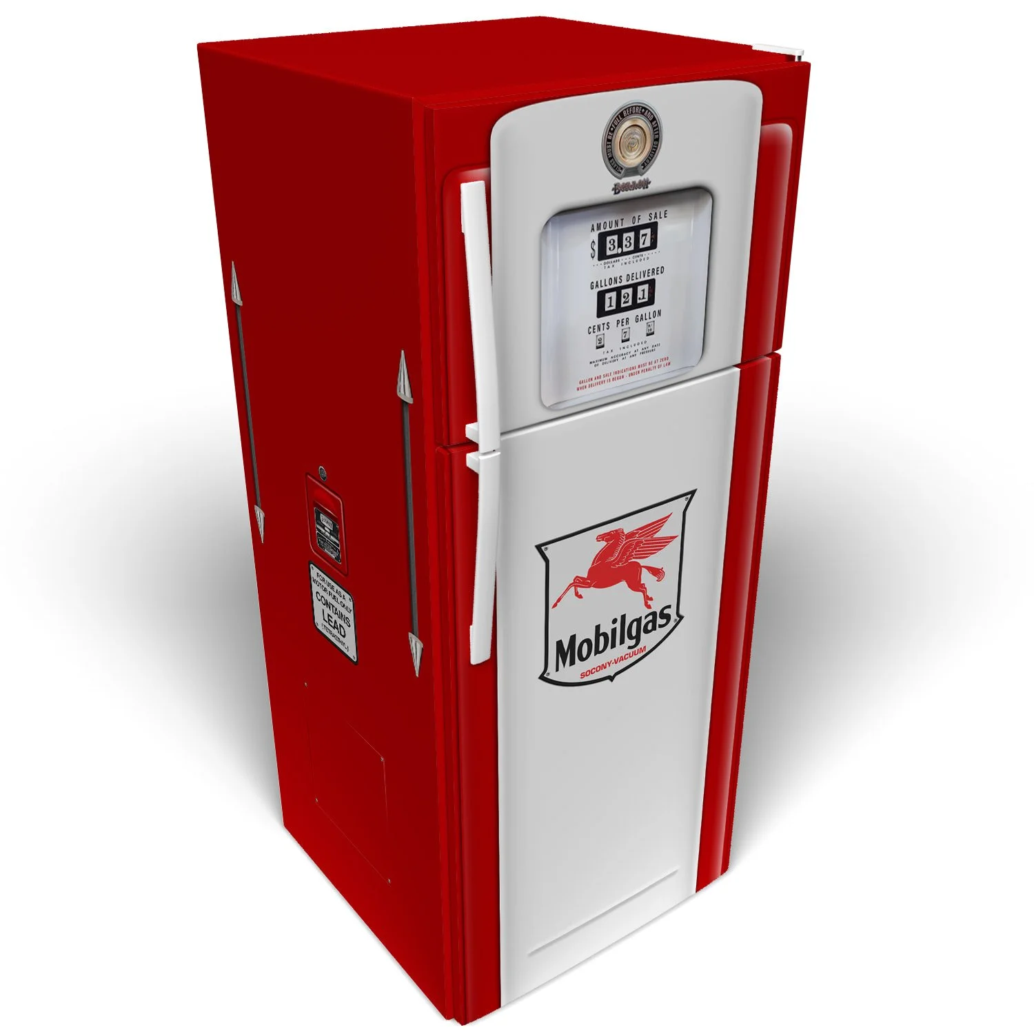 3D Mockup of a shiny new and clean Bennett 700 series Mobilgas gas pump refrigerator vinyl wrap on a stack-door refrigerator
