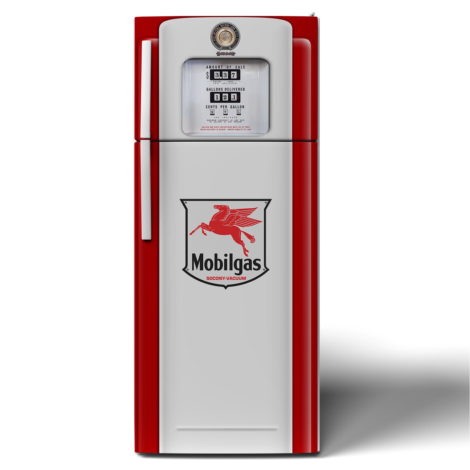 3D Mockup of a shiny new and clean Bennett 700 series Mobilgas gas pump refrigerator vinyl wrap on a stack-door refrigerator