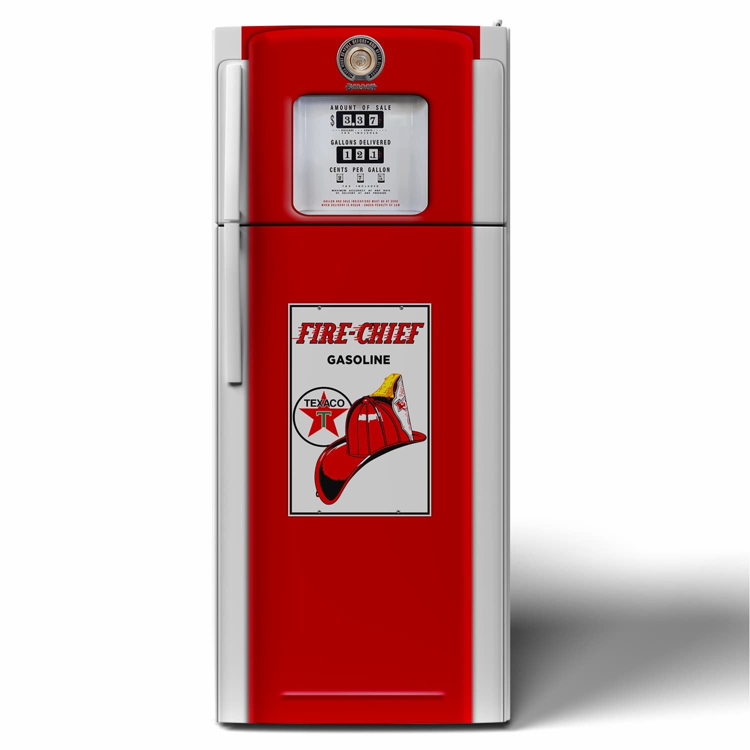 3D Mockup of a shiny new and clean Bennett 700 series Texaco Fire-Chief gas pump refrigerator vinyl wrap on a stack door refrigerator.