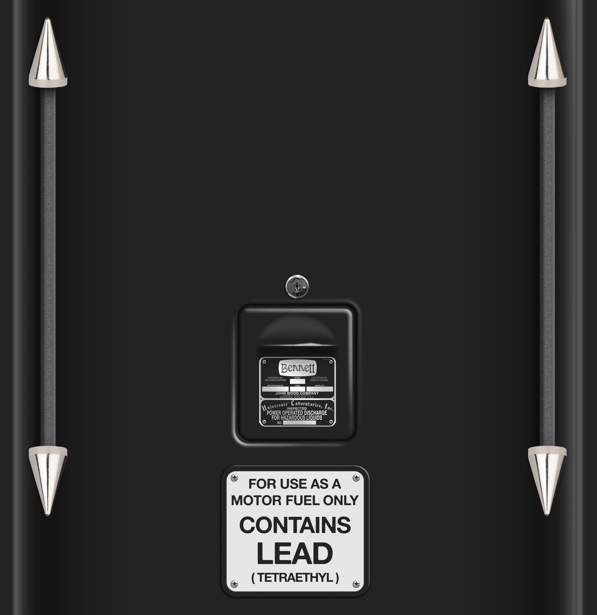 close up of the vinyl wrap showing the CONTAINS LEAD plaque, Bennett serial number/inspection plaque, access door, and bottoms of the hose guards.