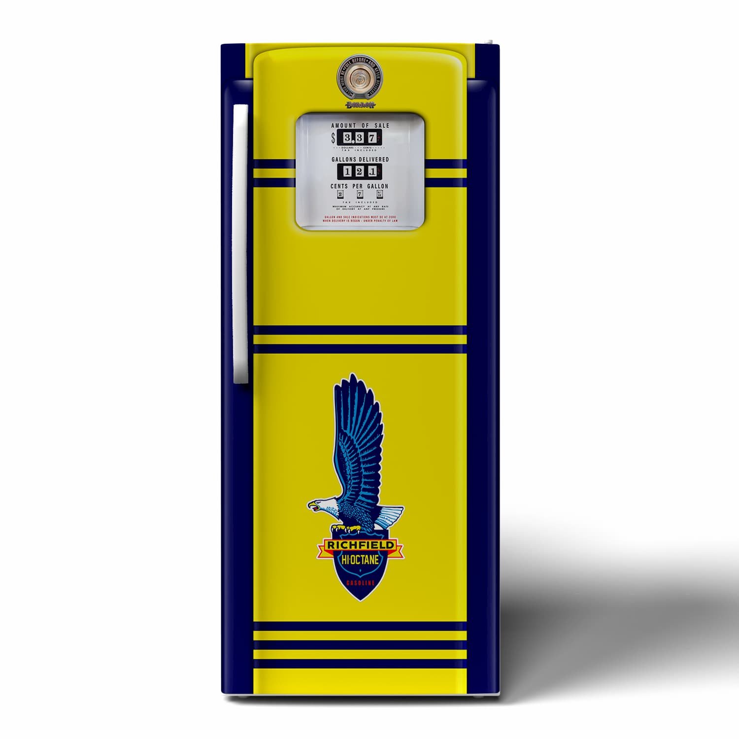 3D Mockup of a shiny new and clean Bennett 700 series Richfield Hi-Octane Gasoline gas pump refrigerator vinyl wrap on an upright freezer.