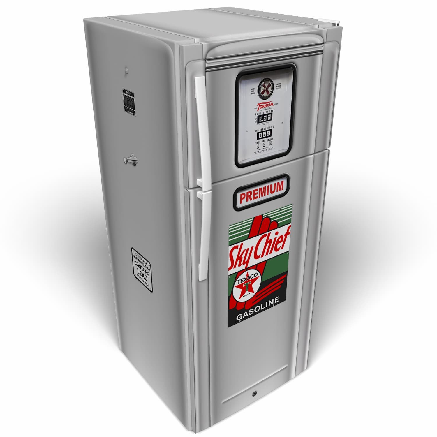 3D Mockup of a Bennett 700 series Texaco Sky Chief gas pump refrigerator vinyl wrap on a stack door refrigerator. The design is meant to look like a restored gas pump with no few-to-no imperfections.