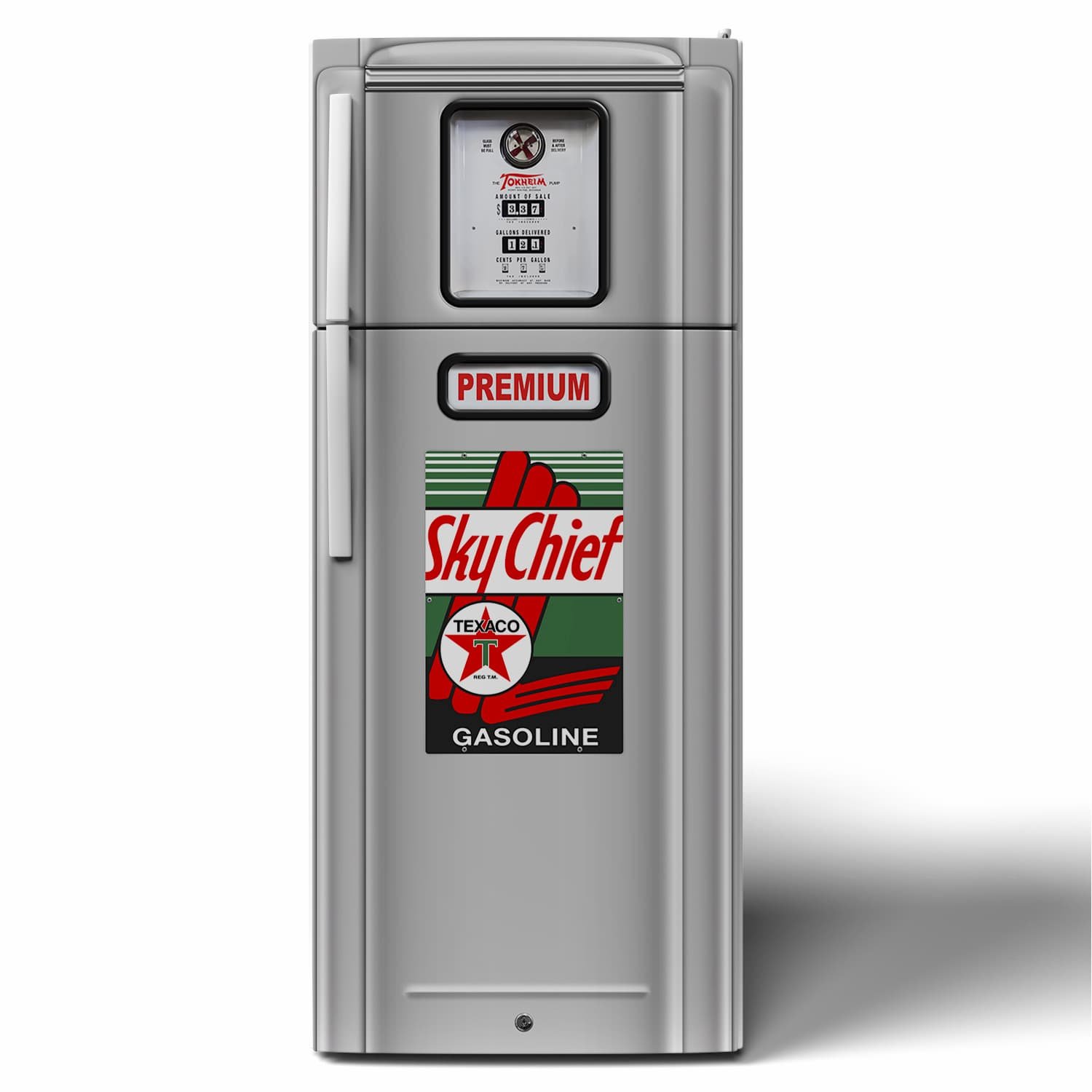 3D Mockup of a Bennett 700 series Texaco Sky Chief gas pump refrigerator vinyl wrap on a stack door refrigerator. The design is meant to look like a restored gas pump with no few-to-no imperfections.