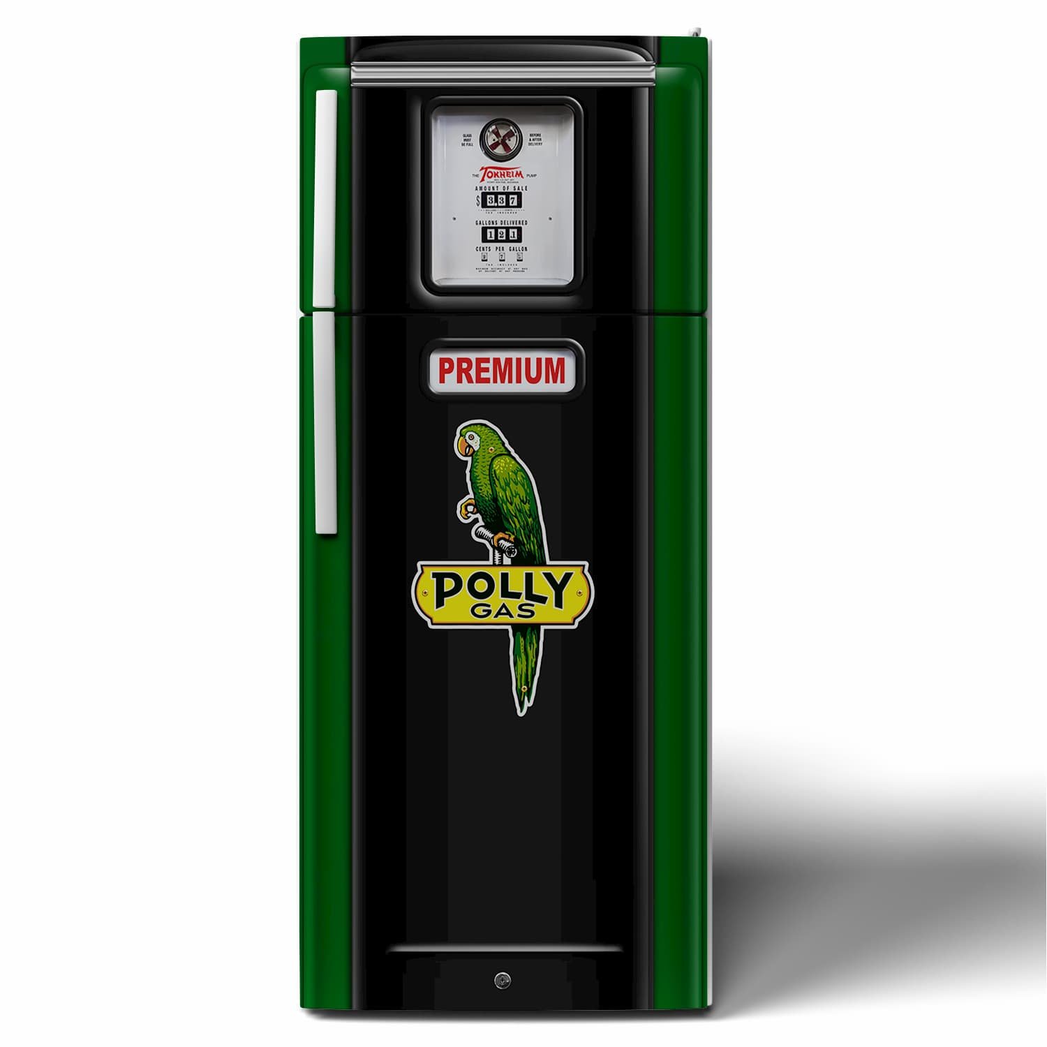 3D Mockup of a Tokheim 39 series Polly Gas gas pump refrigerator vinyl wrap on a stack door refrigerator. The design is meant to look like a restored gas pump with few-to-no imperfections.