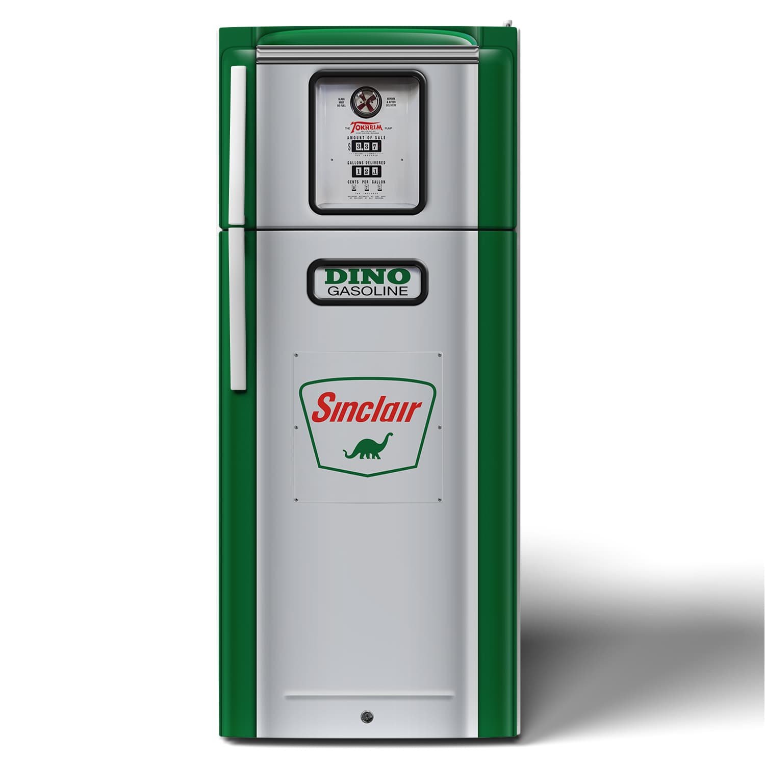 3D Mockup of a Tokheim 39 series Sinclair gas pump refrigerator vinyl wrap on a stack door refrigerator. The design is meant to look like a restored gas pump with few-to-no imperfections.