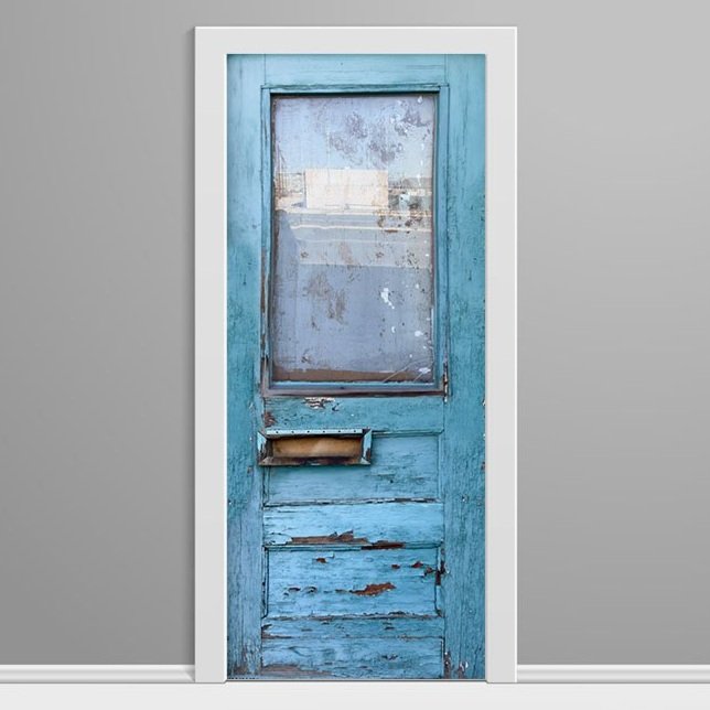 Weathered Blue Flaked Paint Custom Printed Door Wrap