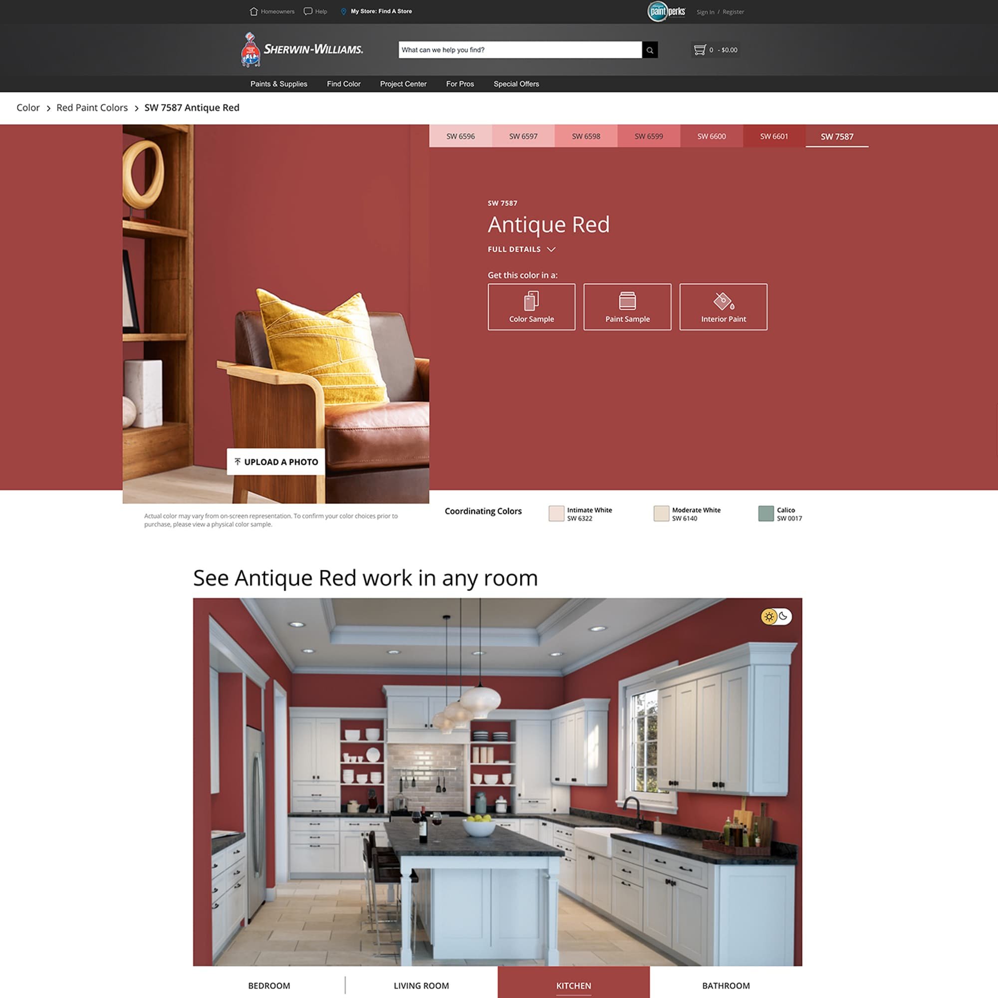 screenshot of this paint color on Sherwin Williams website. Color shown is Antique Red SW 7587