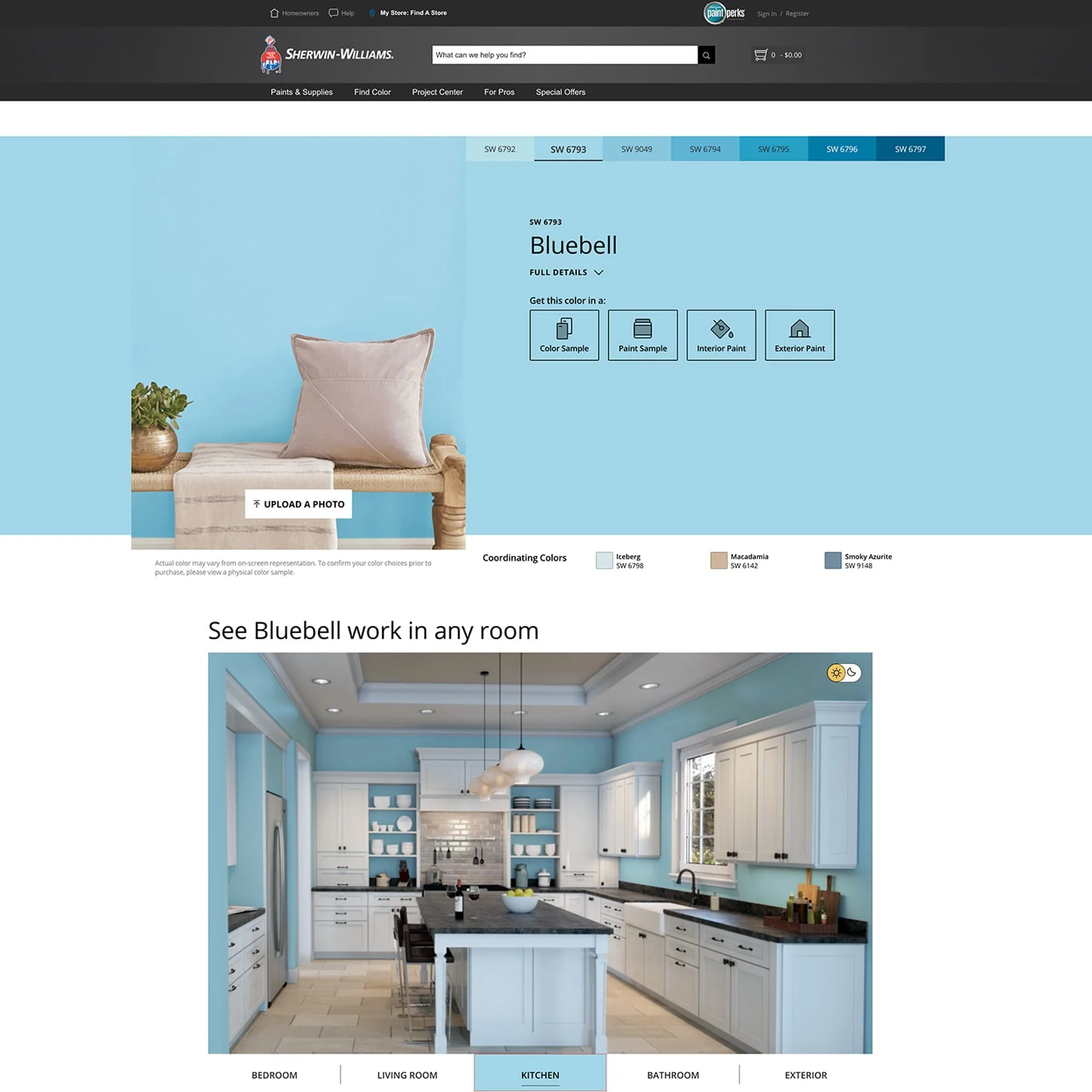 screenshot of this paint color on Sherwin Williams website. Color shown is Bluebell SW 6793