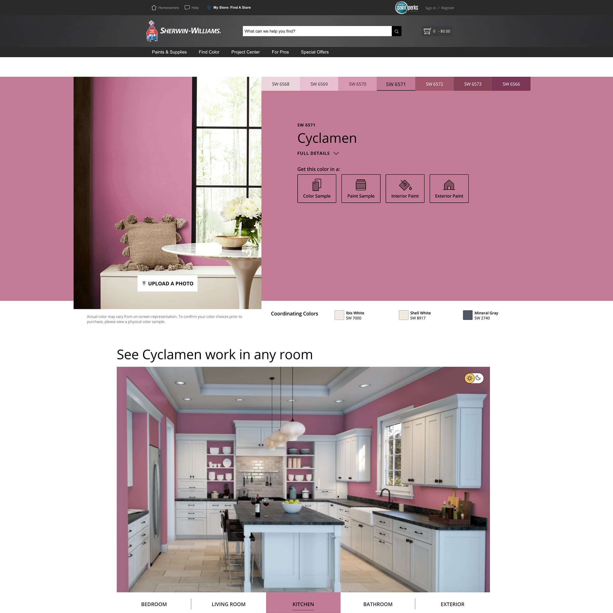 screenshot of this paint color on Sherwin Williams website. Color shown is Cyclamen SW 6571
