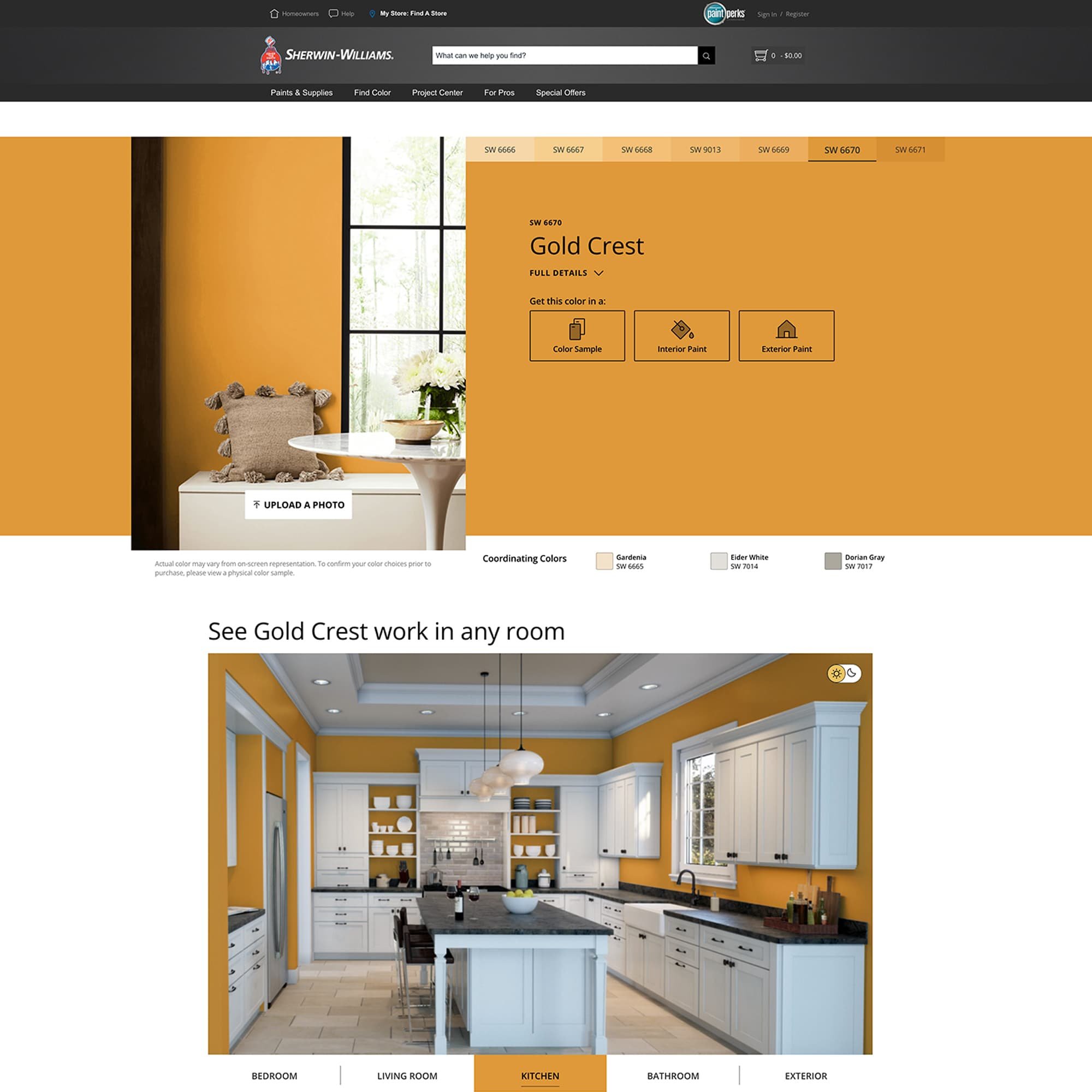 screenshot of this paint color on Sherwin Williams website. Color shown is Gold Crest SW 6670