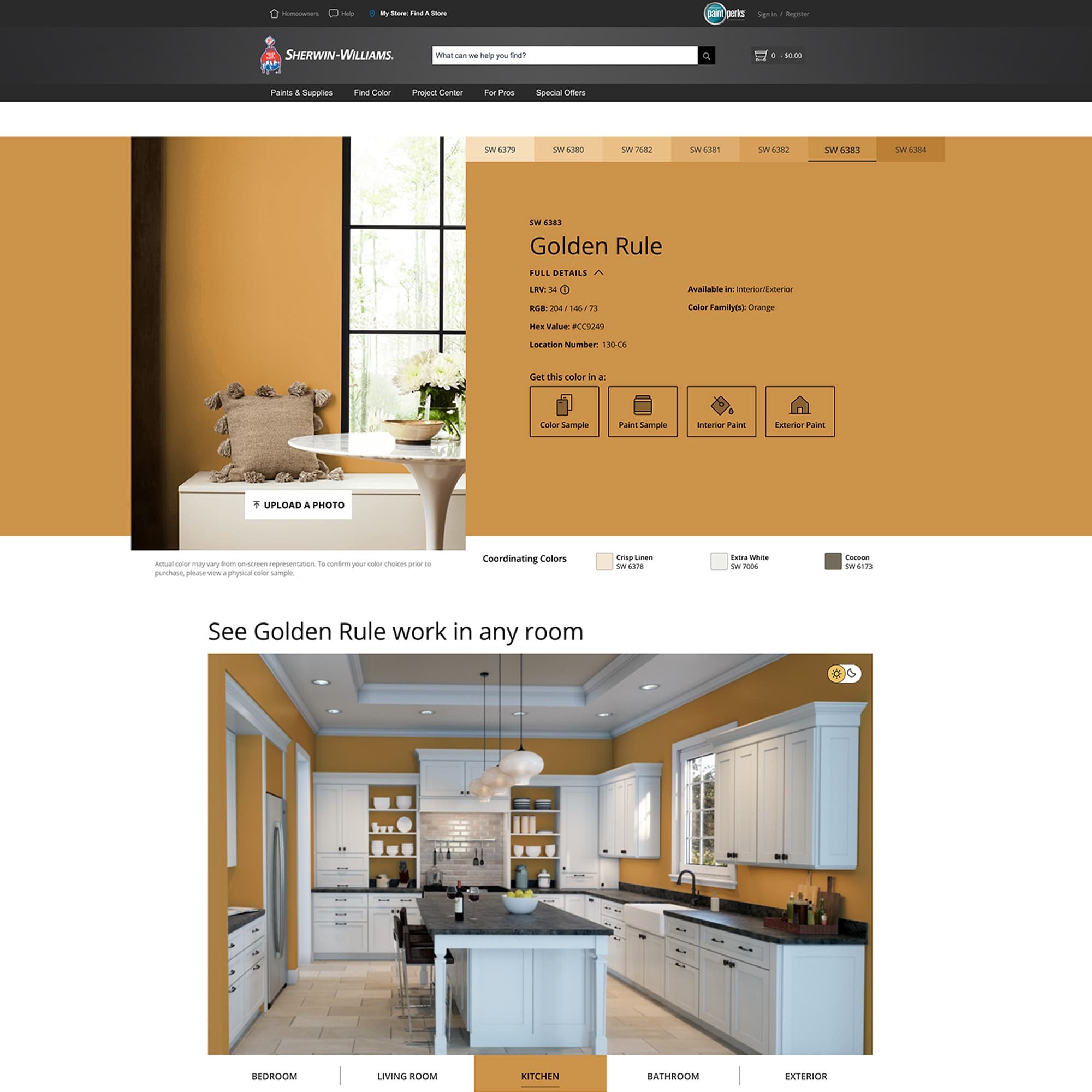 screenshot of this paint color on Sherwin Williams website. Color shown is Golden Rule SW 6383