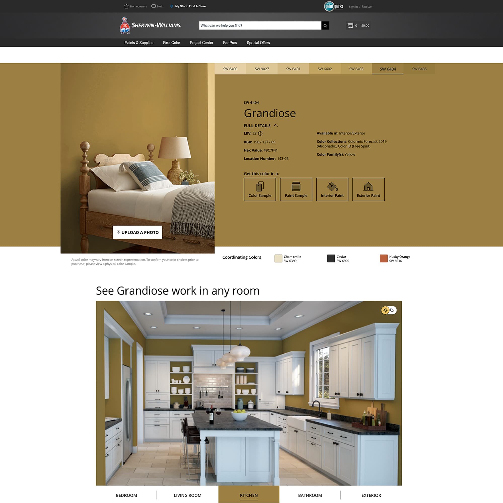 screenshot of this paint color on Sherwin Williams website. Color shown is Grandiose SW 6404