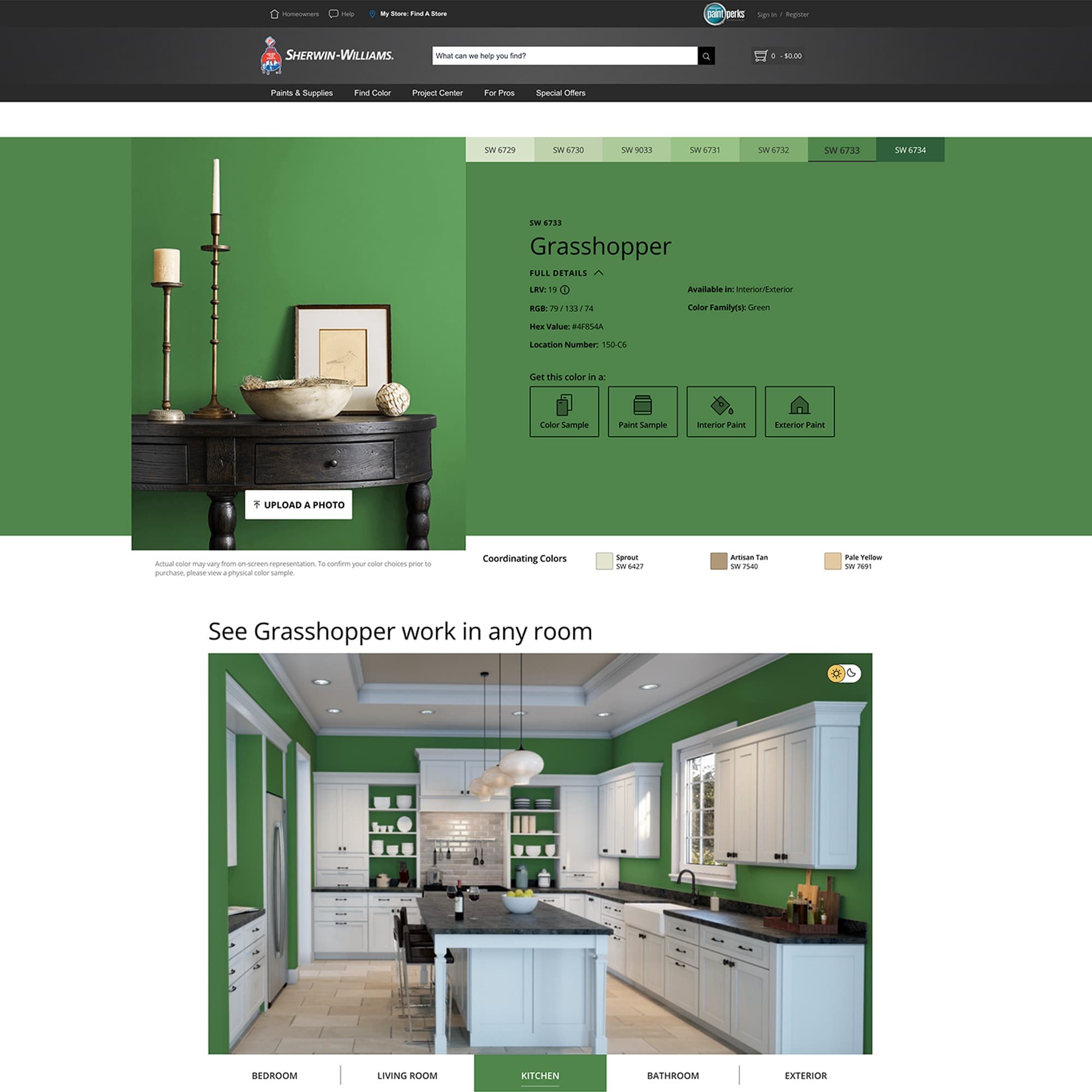 screenshot of this paint color on Sherwin Williams website. Color shown is Grasshopper SW 6733