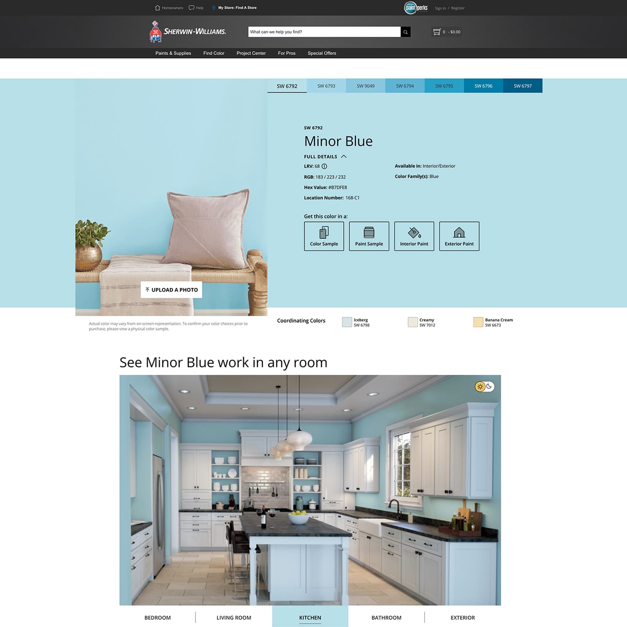 screenshot of this paint color on Sherwin Williams website. Color shown is Minor Blue SW 6792