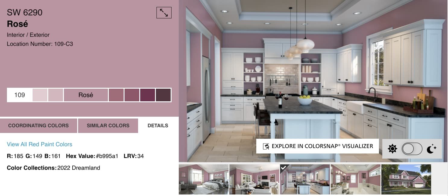 screenshot of this paint color on Sherwin Williams website. Color shown is Rosé SW 6290