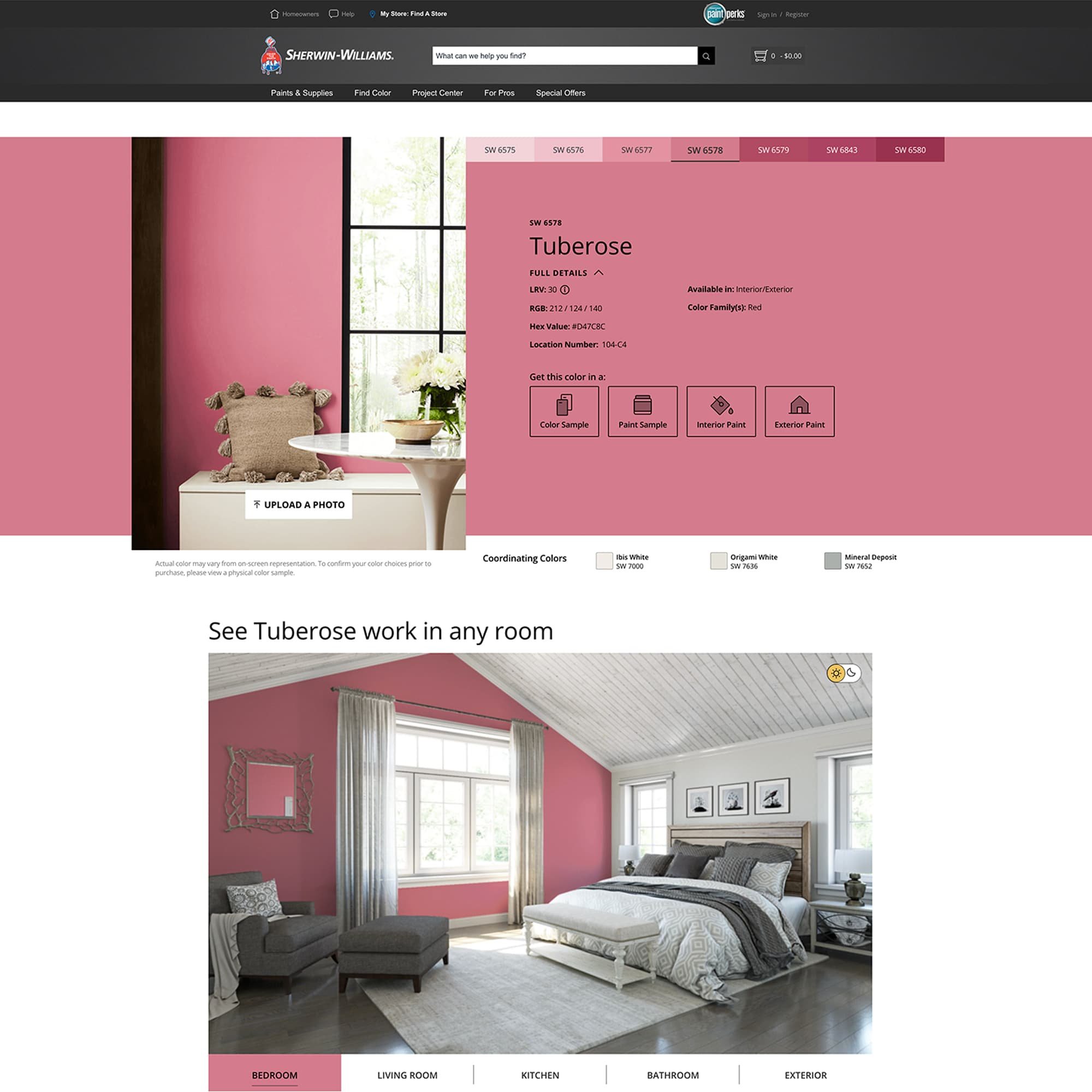 screenshot of this paint color on Sherwin Williams website. Color shown is Tuberose SW 6578