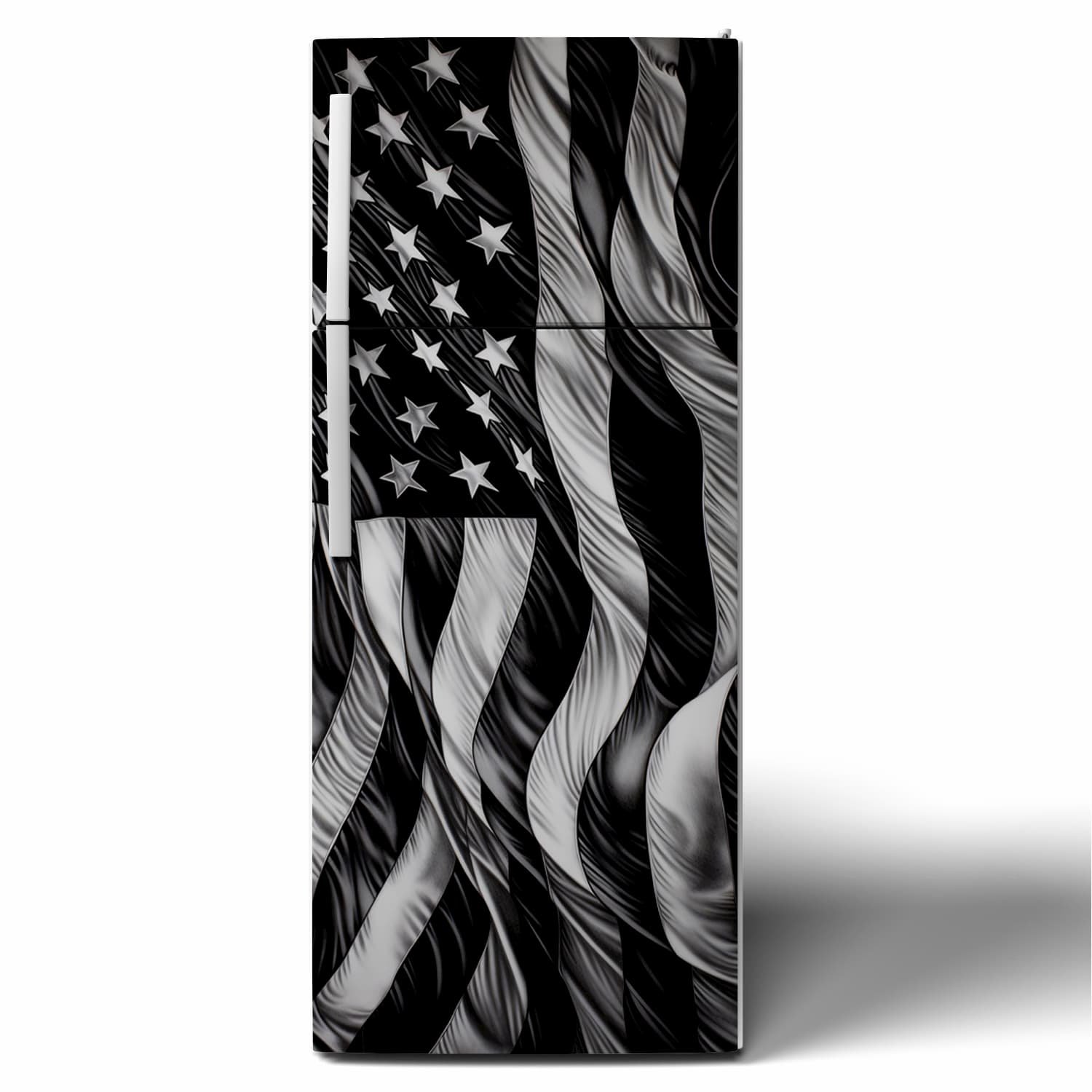 black and white United States of America flag design on a stock door refrigerator