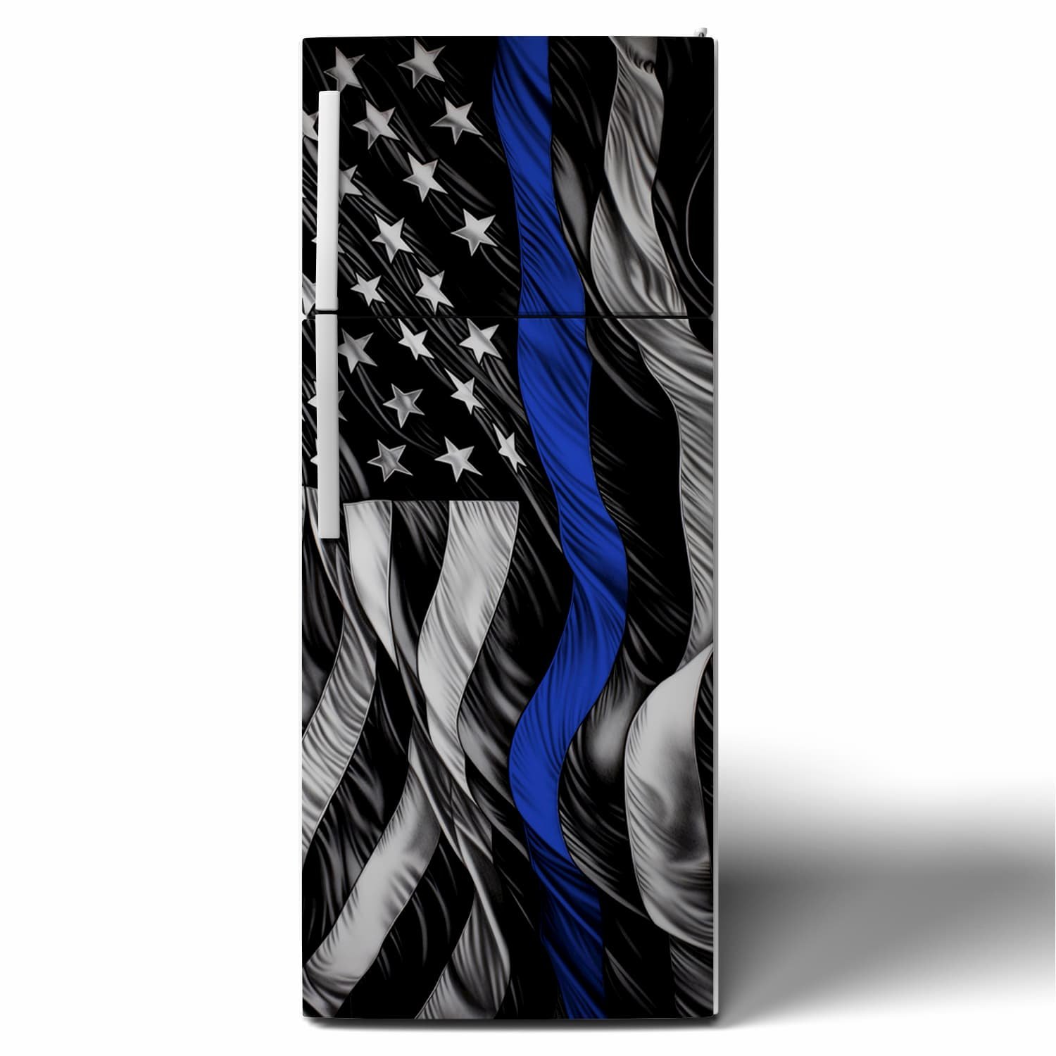black and white United States of America flag design with a "thin blue line" highlight stripe on a stack door refrigerator