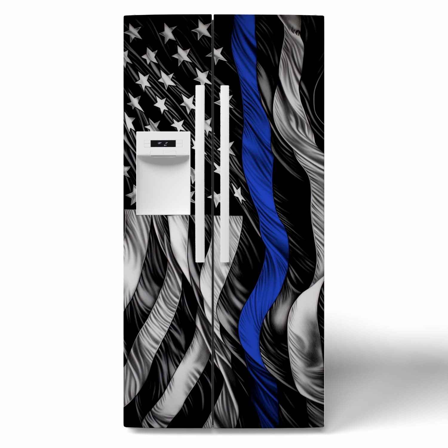 black and white United States of America flag design with a "thin blue line" highlight stripe on a side by side refrigerator
