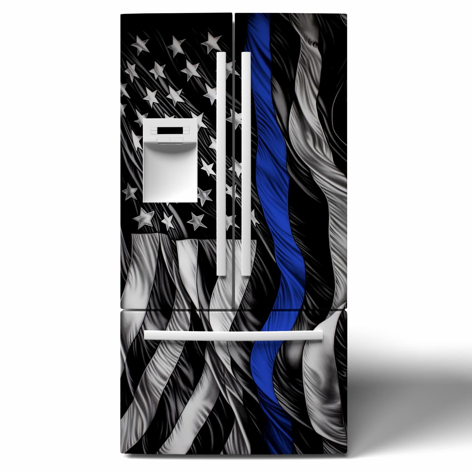 black and white United States of America flag design with a "thin blue line" highlight stripe on a french door refrigerator