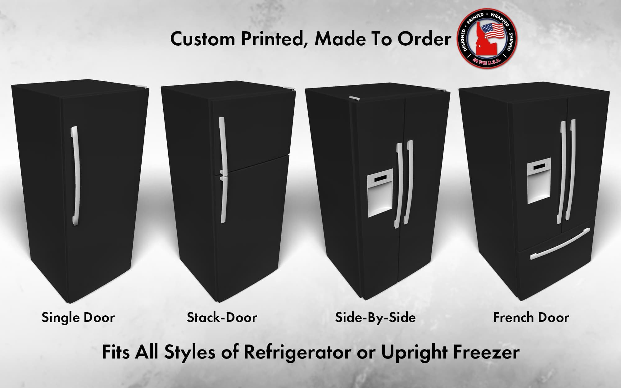 Mockup of our custom printed refrigerator vinyl wrap that matches Sherwin Williams Black Magic SW 6991 on a french door refrigerator in a modern neutral color kitchen