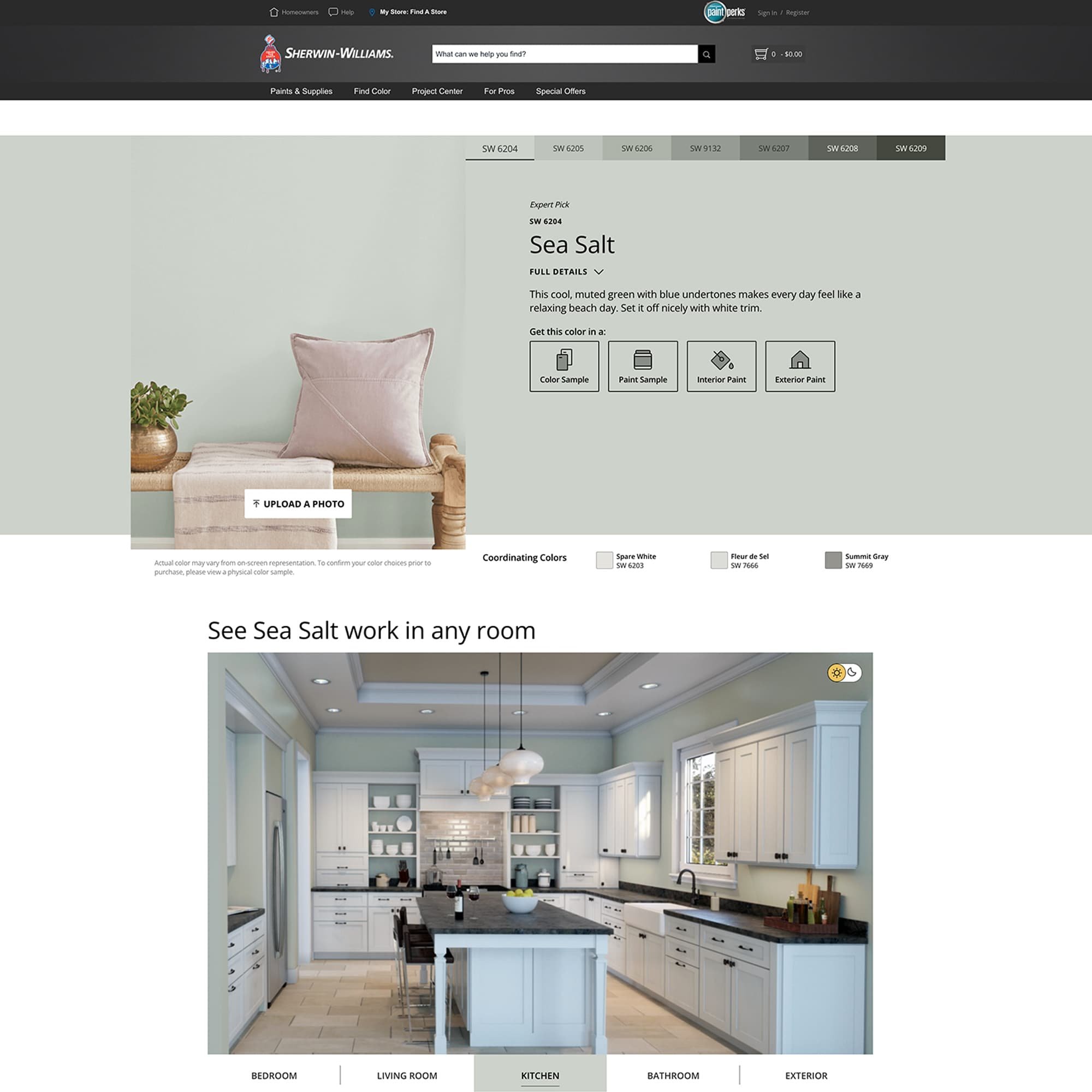screenshot of this paint color on Sherwin Williams website. Color shown is Sea Salt SW 6204