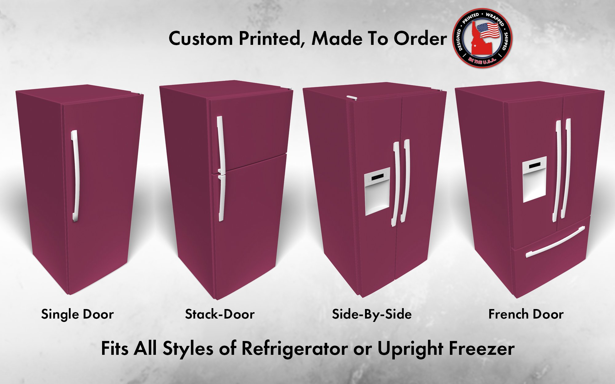 Several 3D models of different refrigerator styles shown in Forward Fuchsia SW 6842 custom vinyl wrap color.