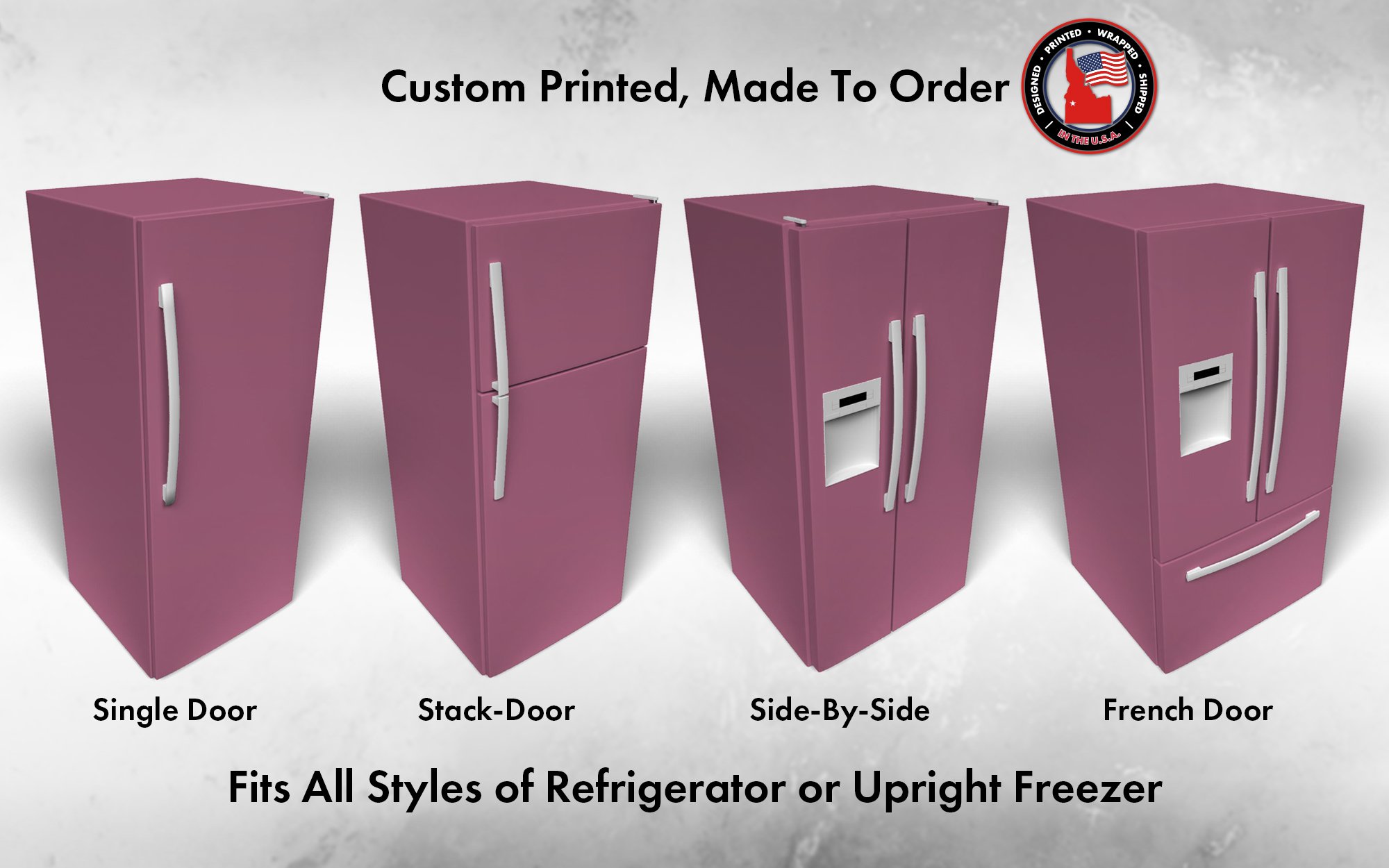 Several 3D models of different refrigerator styles shown in Grandeur Plum SW 6565 custom vinyl wrap color.
