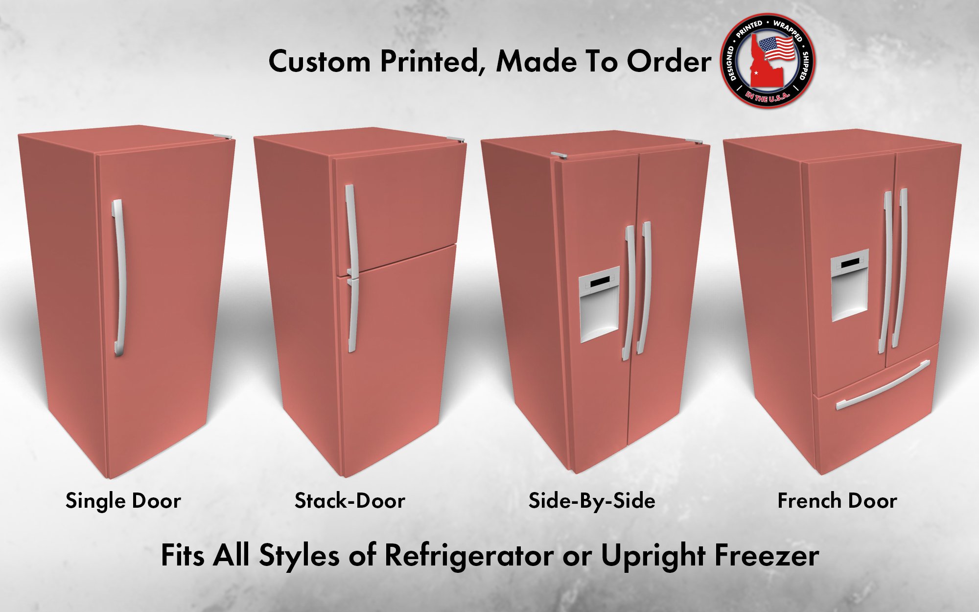 Several 3D models of different refrigerator styles shown in Coral Reef SW 6606 custom vinyl wrap color.