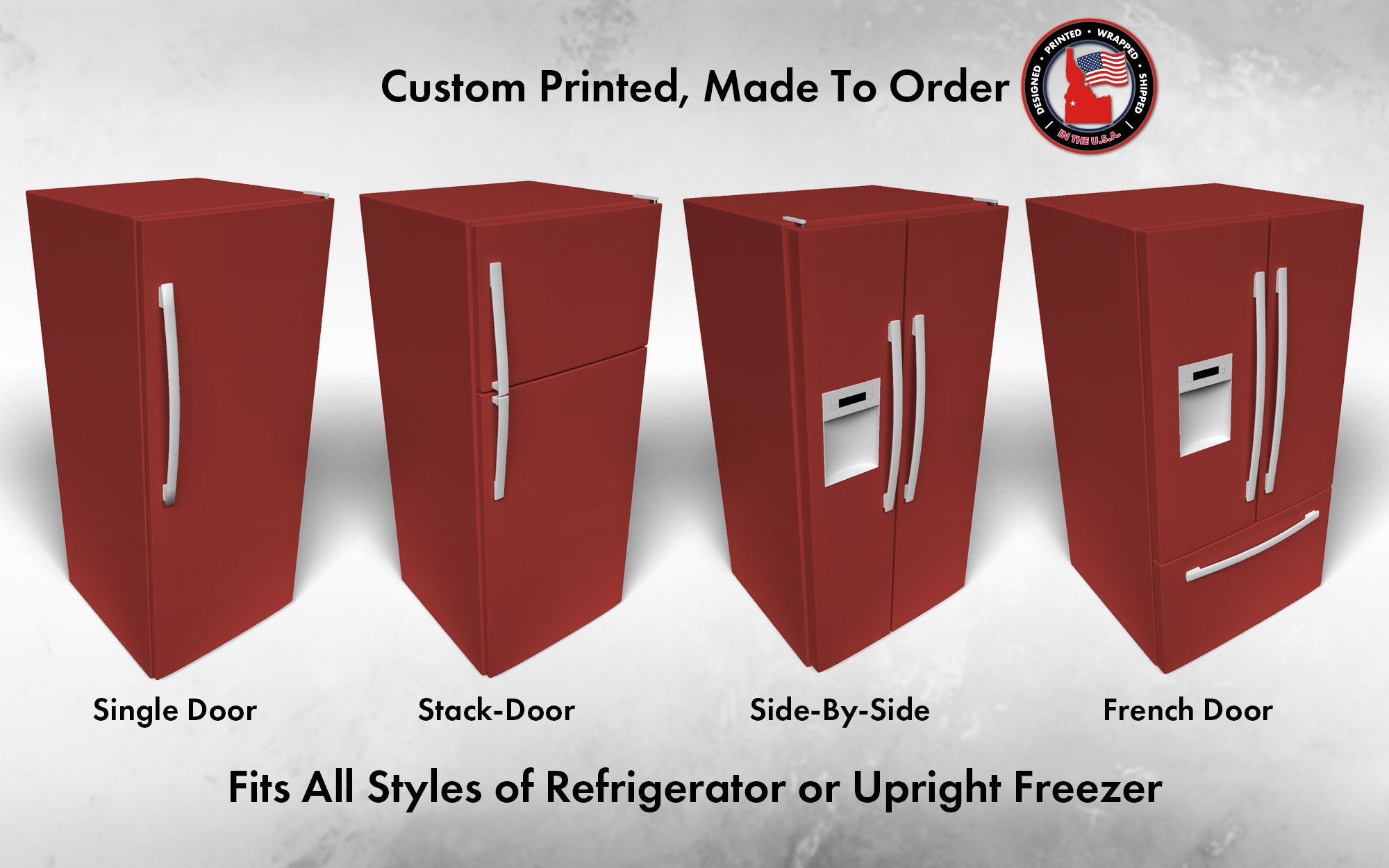 Several 3D models of different refrigerator styles shown in Antique Red SW 7587 custom vinyl wrap color.