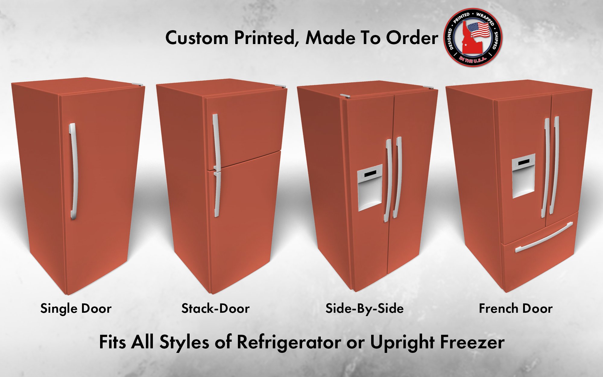 Several 3D models of different refrigerator styles shown in Emotional SW 6621 custom vinyl wrap color.