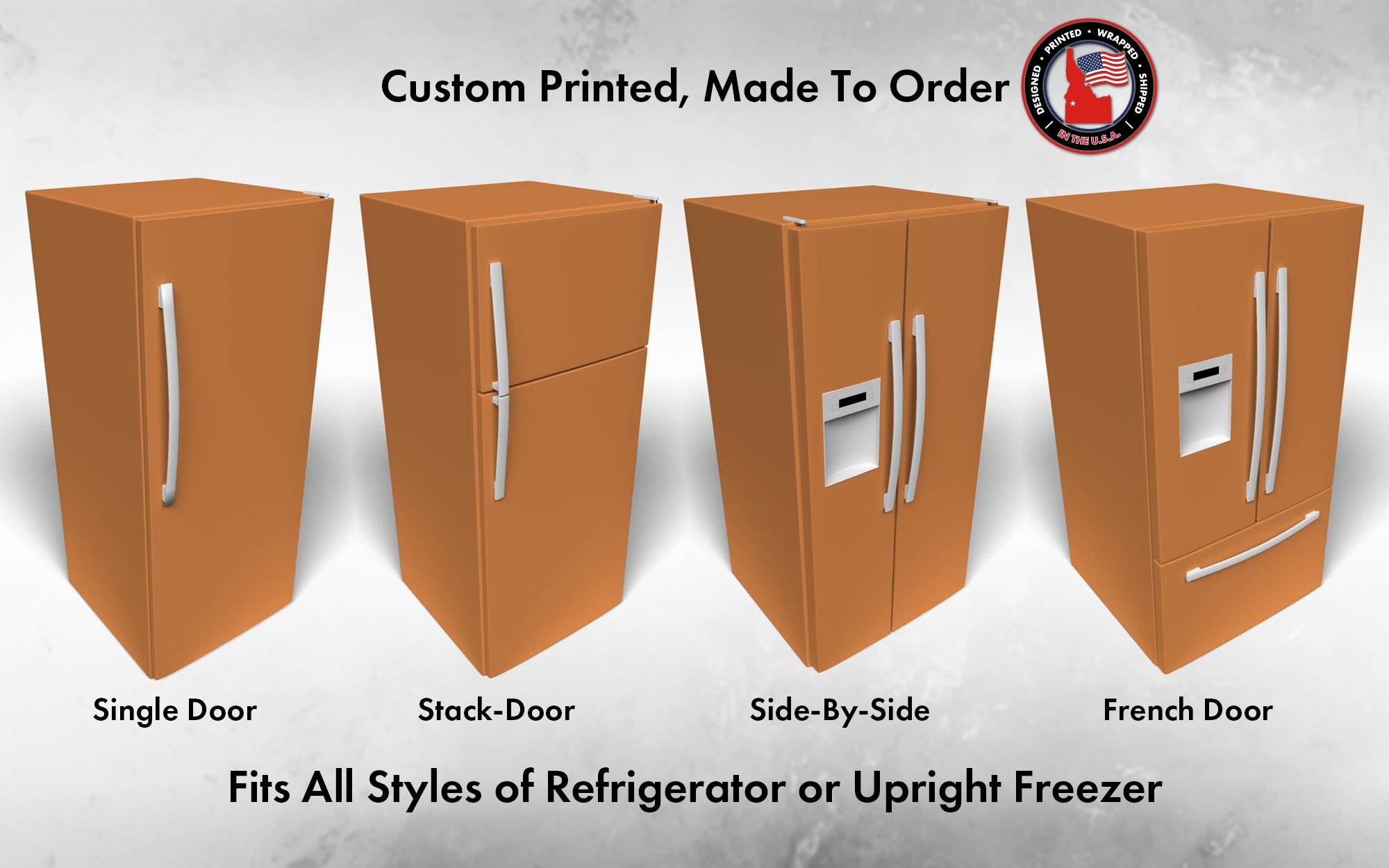 Several 3D models of different refrigerator styles shown in Amber Wave SW 6657 custom vinyl wrap color.