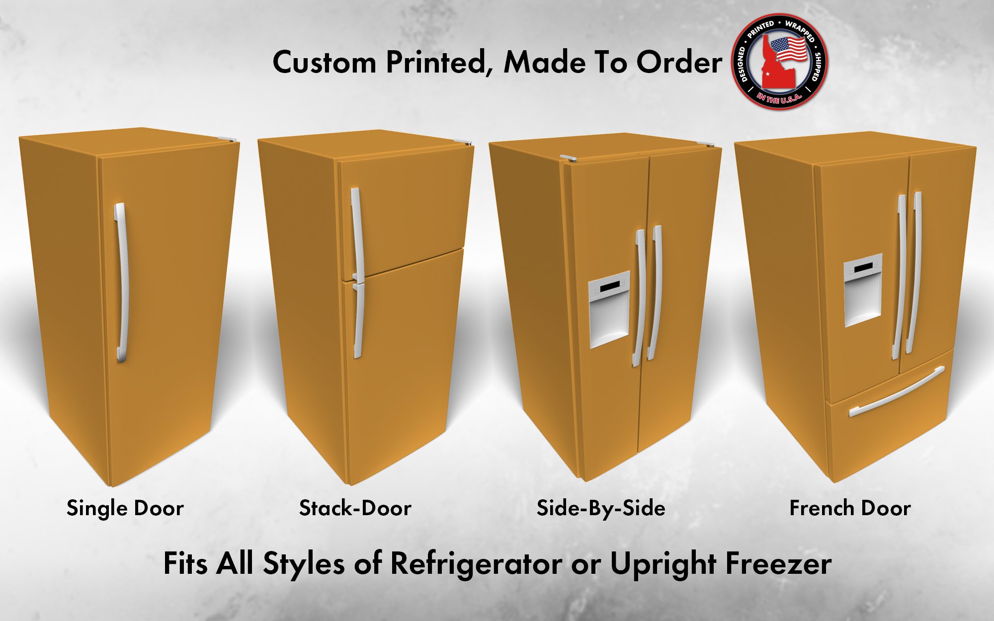 Several 3D models of different refrigerator styles shown in Trinket SW 6685 custom vinyl wrap color.